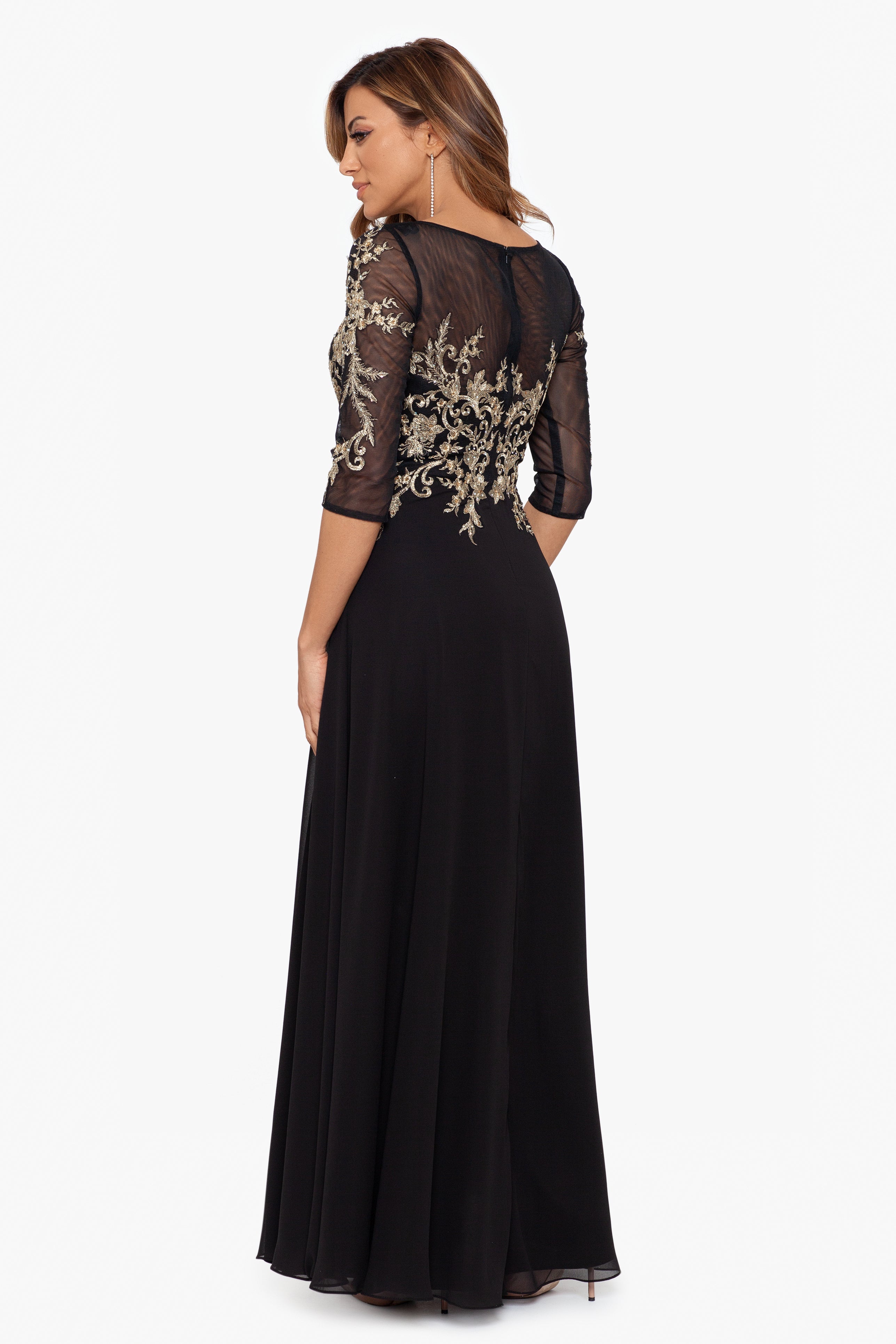 Petite "Brooklyn" Chiffon Embroidery 3/4 Sleeve Dress