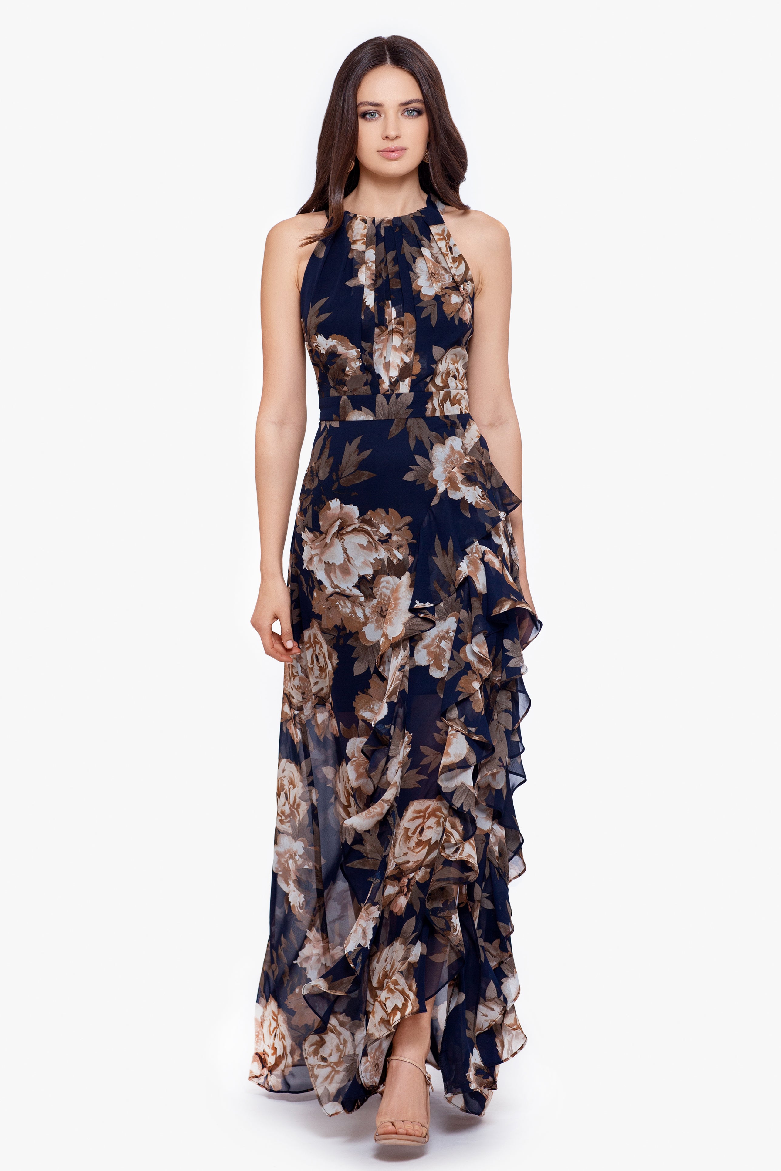 Petite "Karla" Print Chiffon Halter Neck Ruffle Floor Length Dress