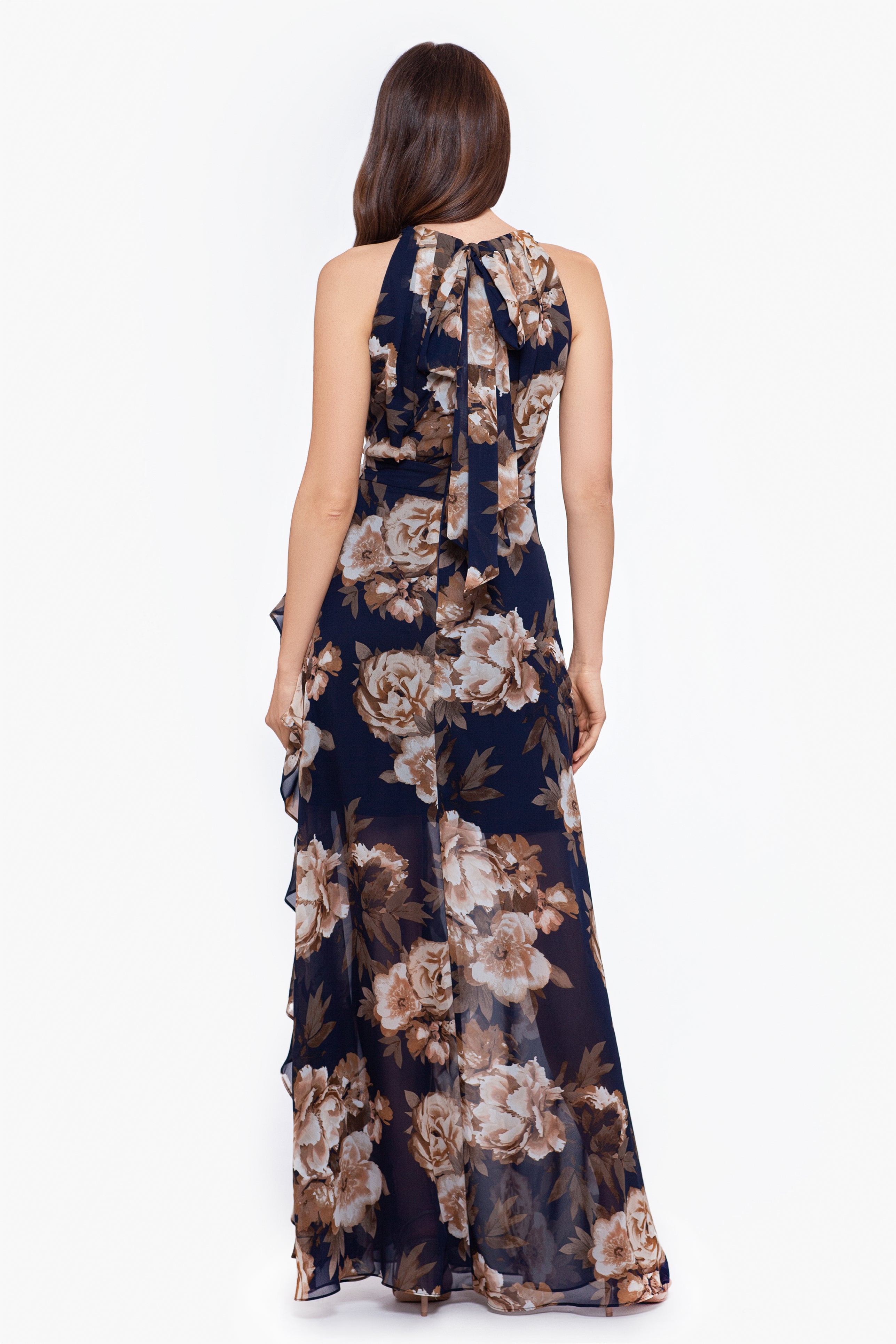 Petite "Karla" Print Chiffon Halter Neck Ruffle Floor Length Dress