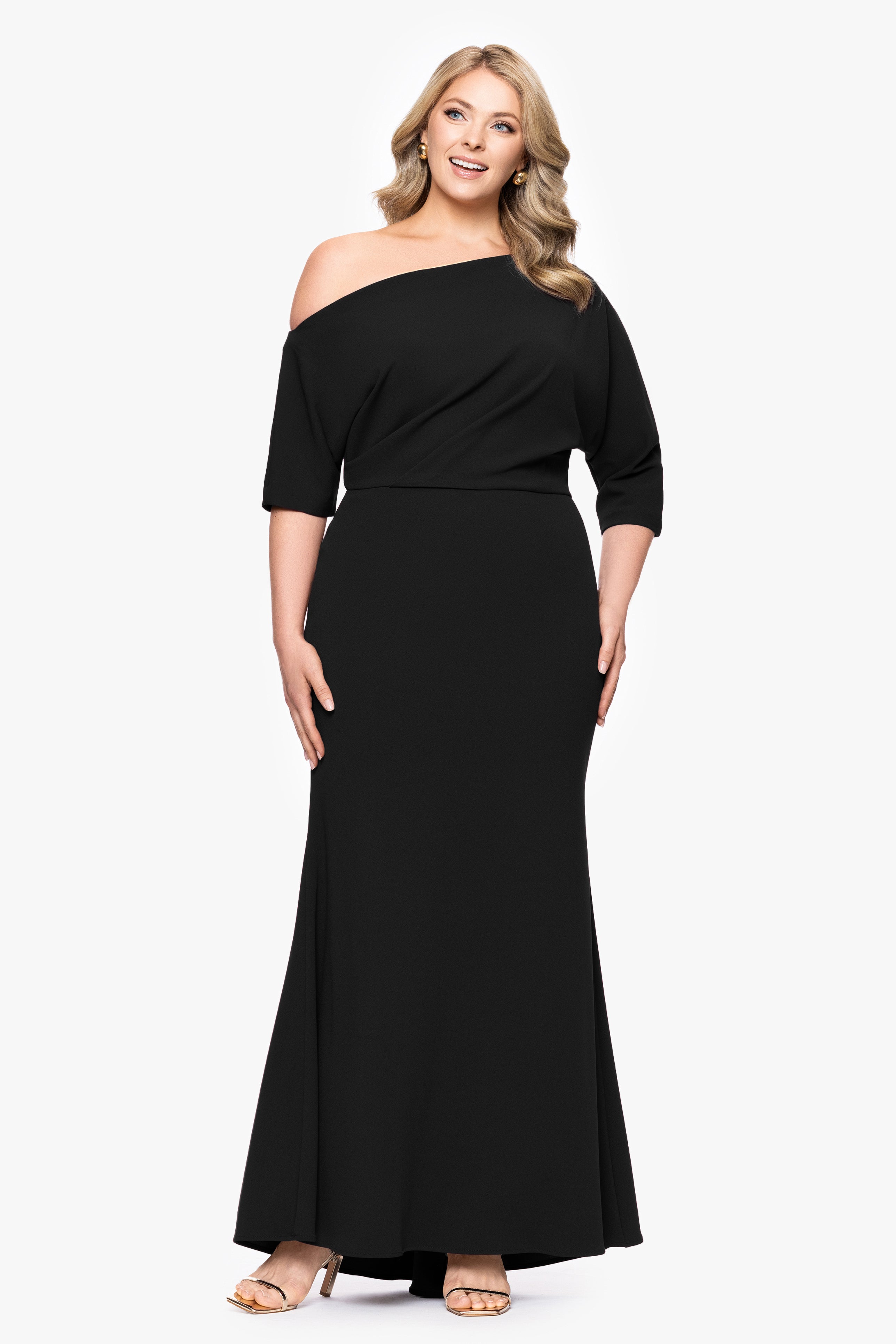 Plus "Madeline" Long Scuba Crepe Off the Shoulder Drop Dress