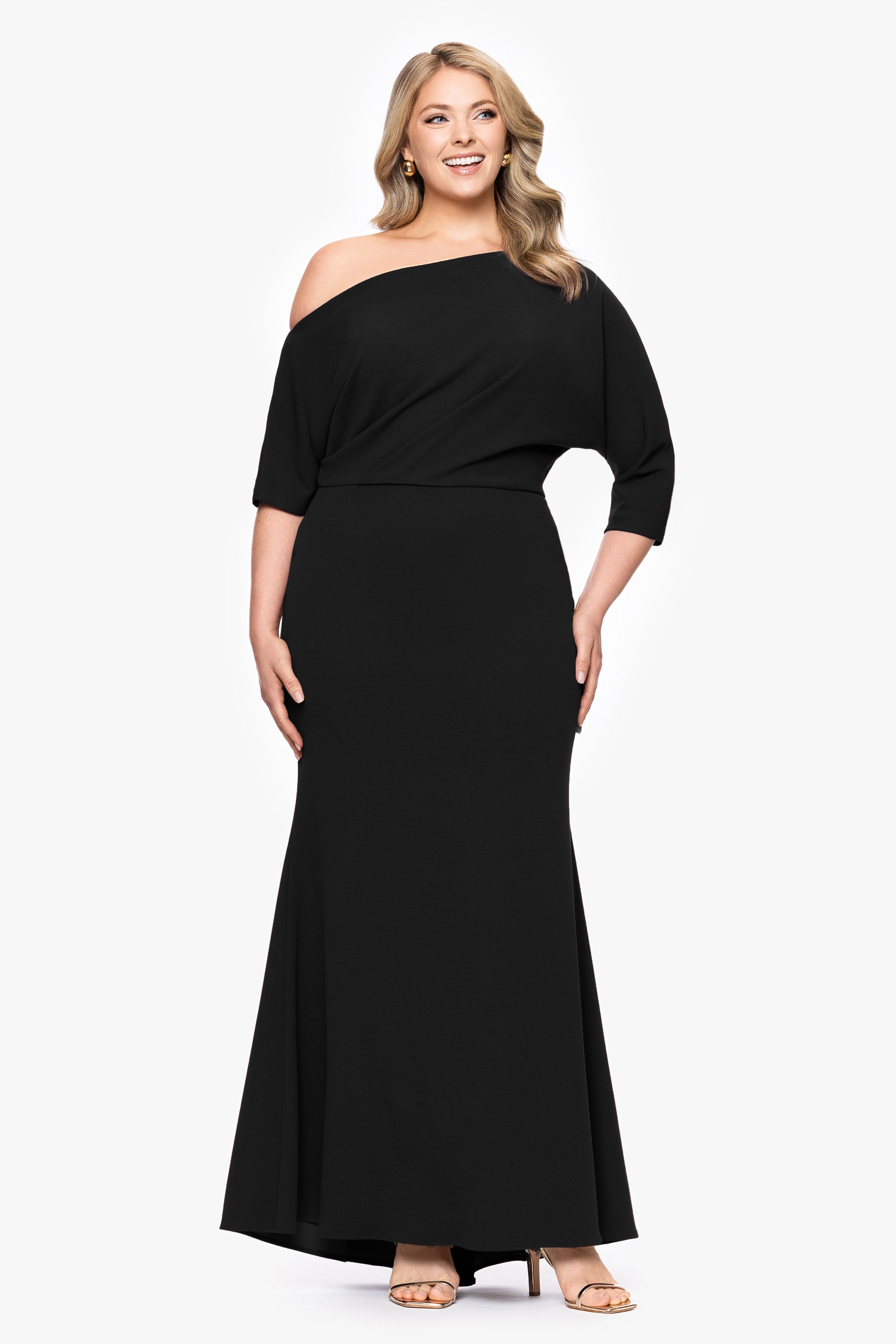 Plus "Madeline" Long Scuba Crepe Off the Shoulder Drop Dress