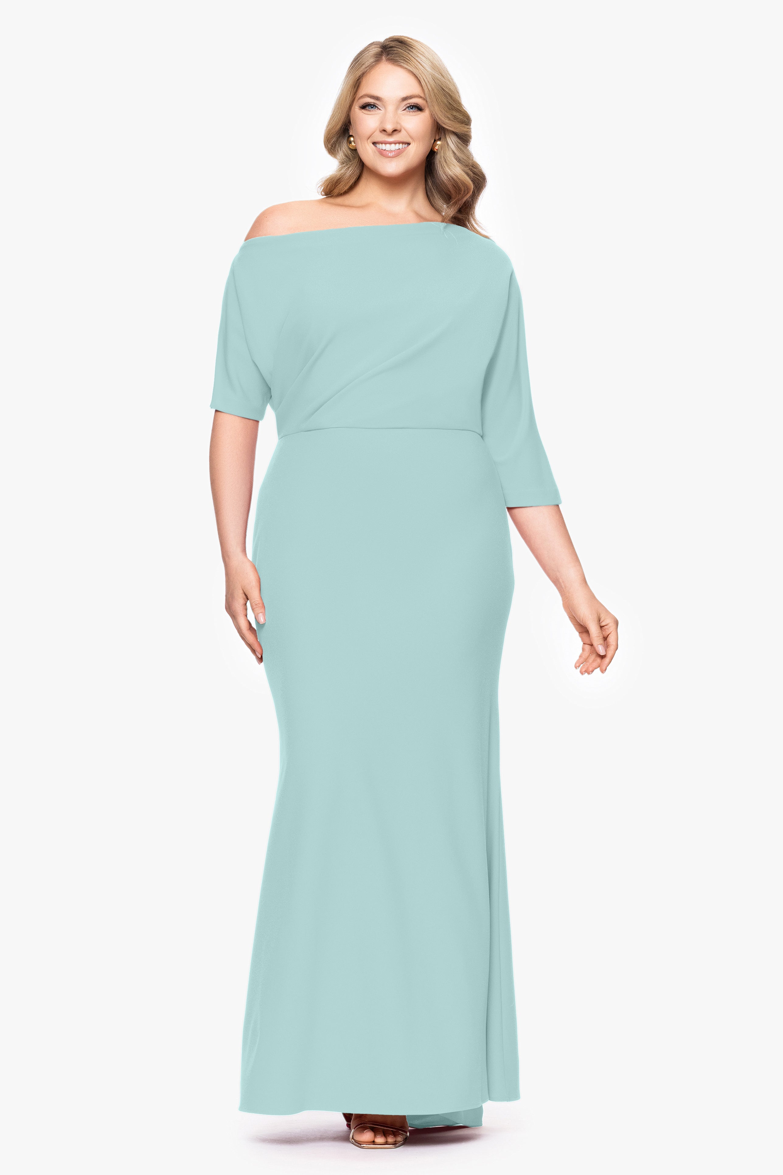 Plus "Madeline" Long Scuba Crepe Off the Shoulder Drop Dress