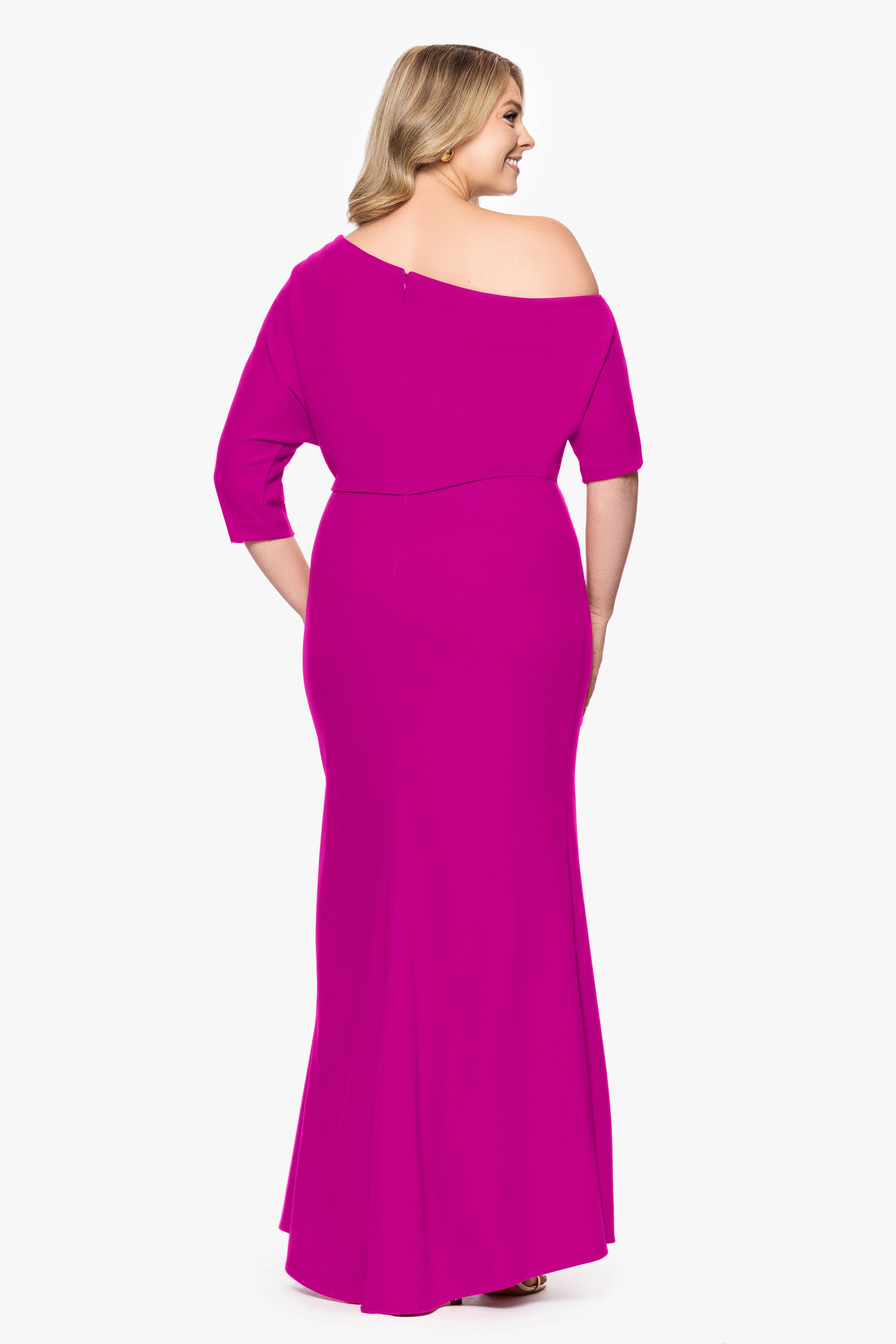 Plus "Madeline" Long Scuba Crepe Off the Shoulder Drop Dress