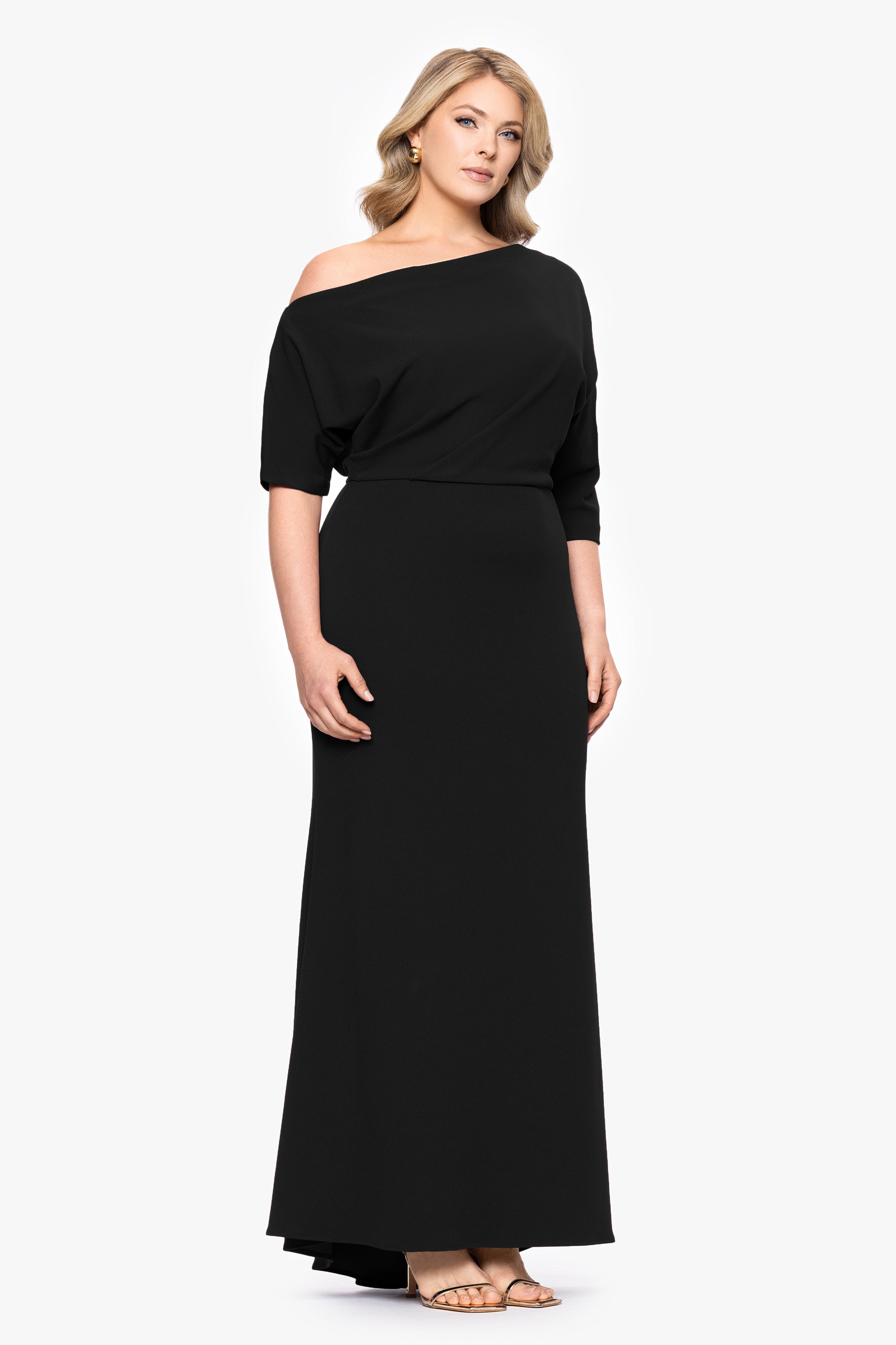 Plus "Madeline" Long Scuba Crepe Off the Shoulder Drop Dress