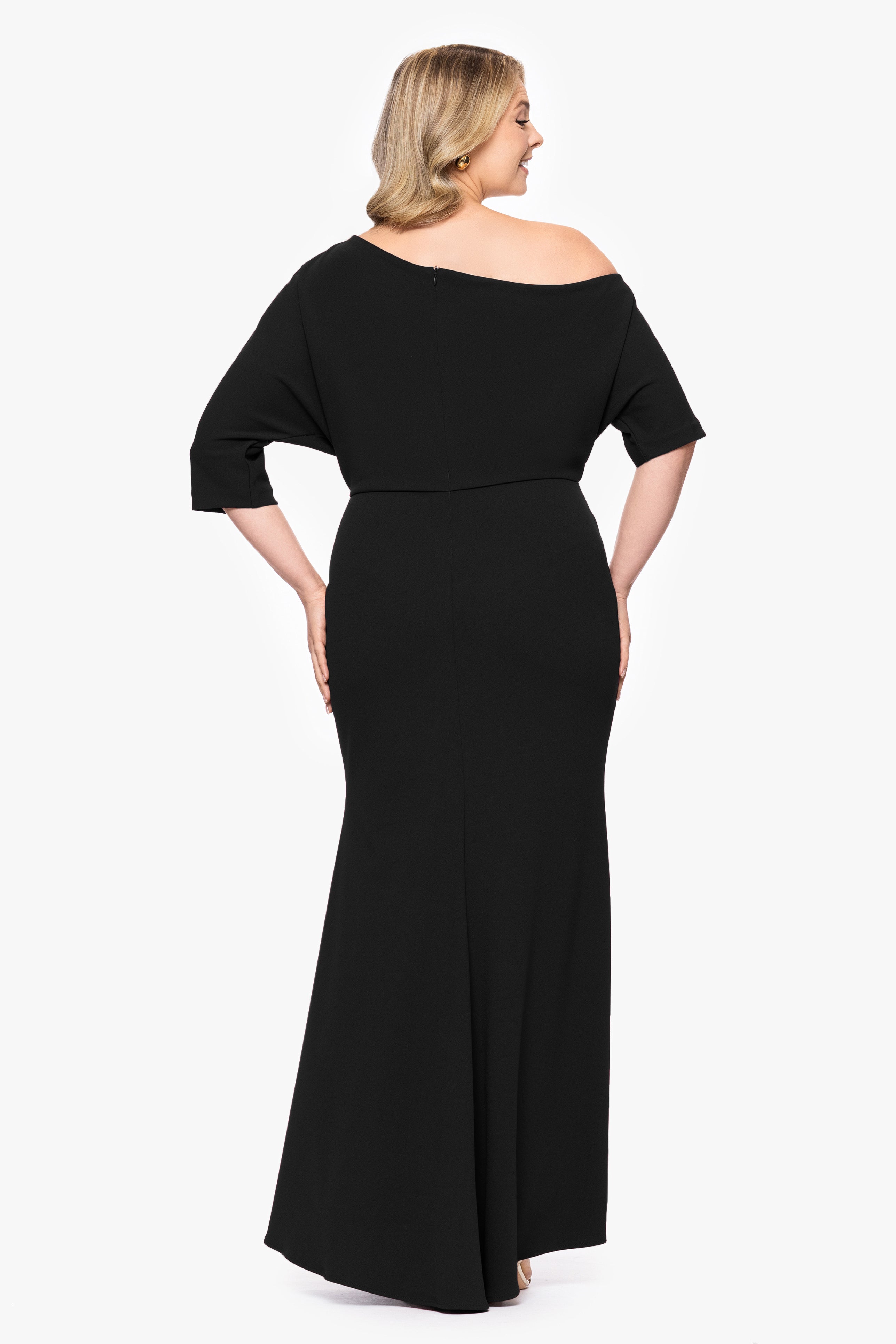 Plus "Madeline" Long Scuba Crepe Off the Shoulder Drop Dress