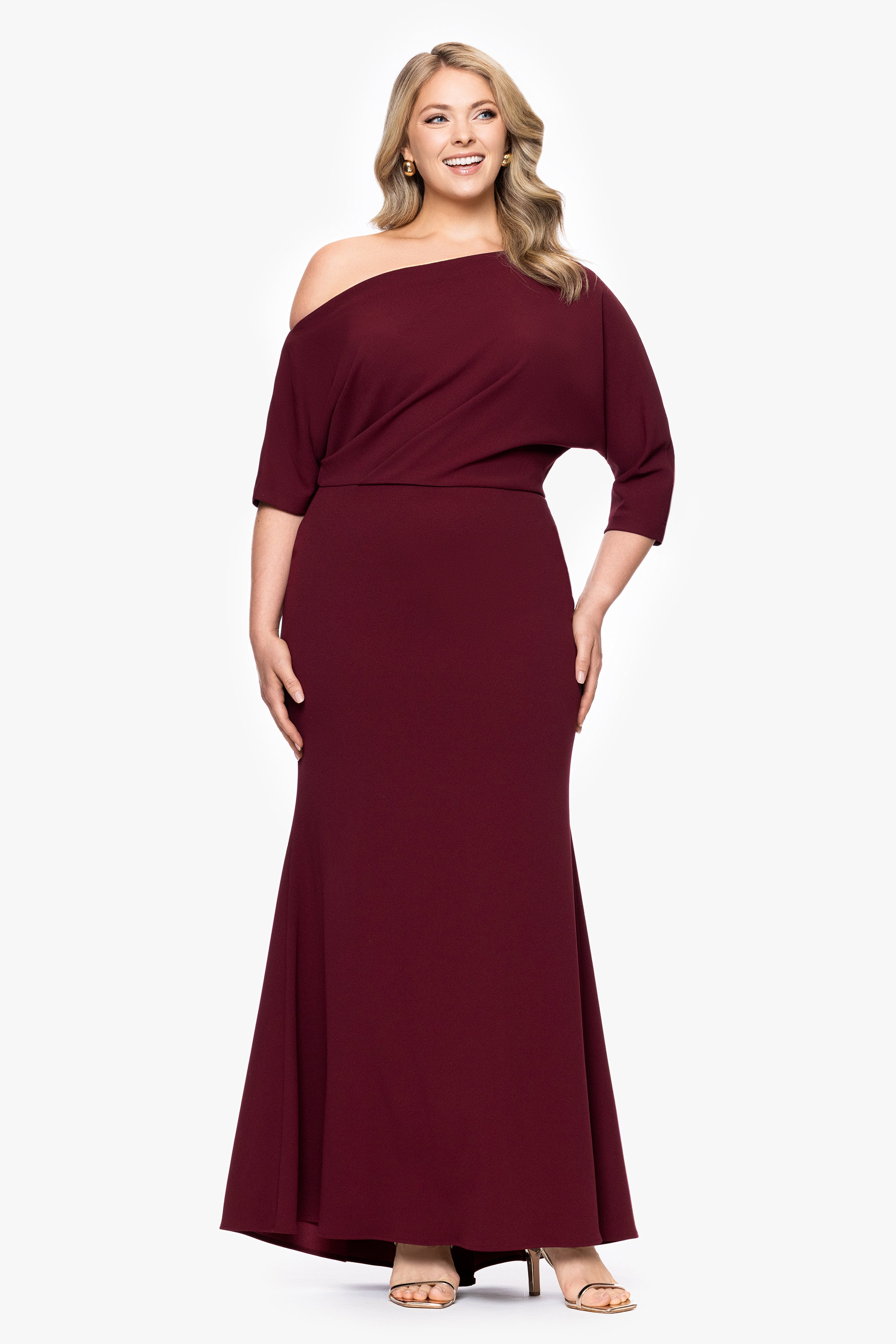 Plus "Madeline" Long Scuba Crepe Off the Shoulder Drop Dress