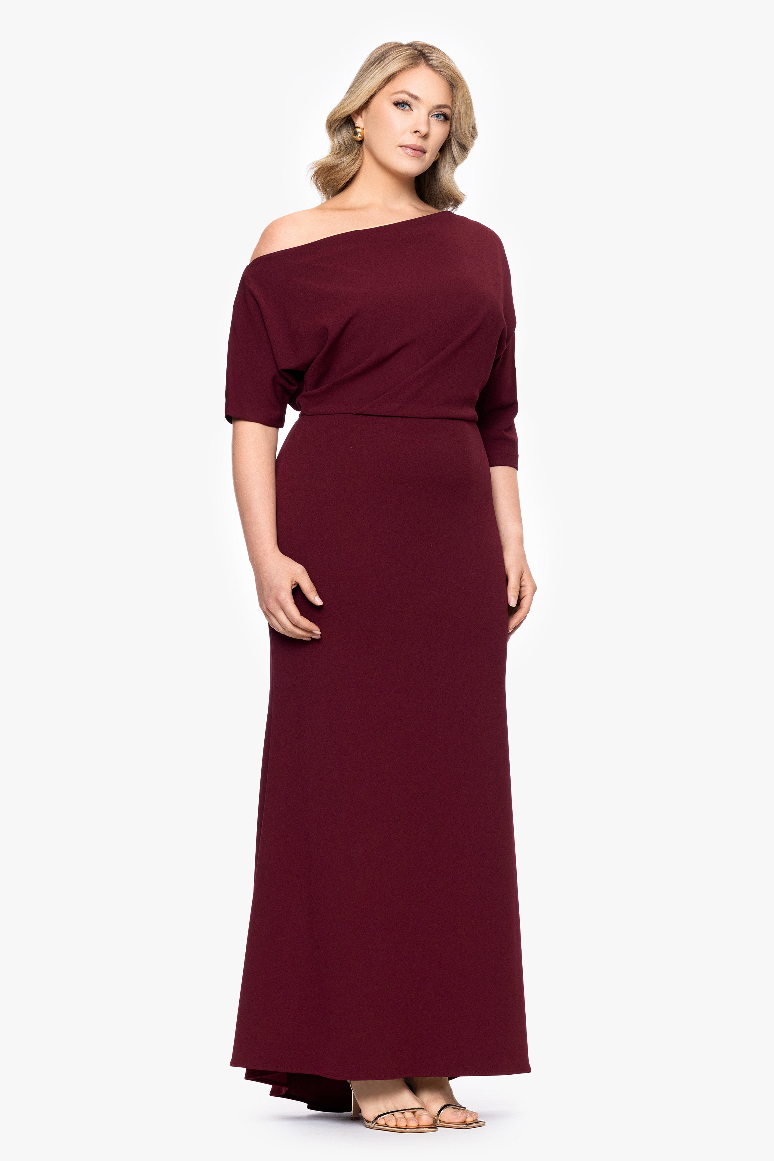 Plus "Madeline" Long Scuba Crepe Off the Shoulder Drop Dress