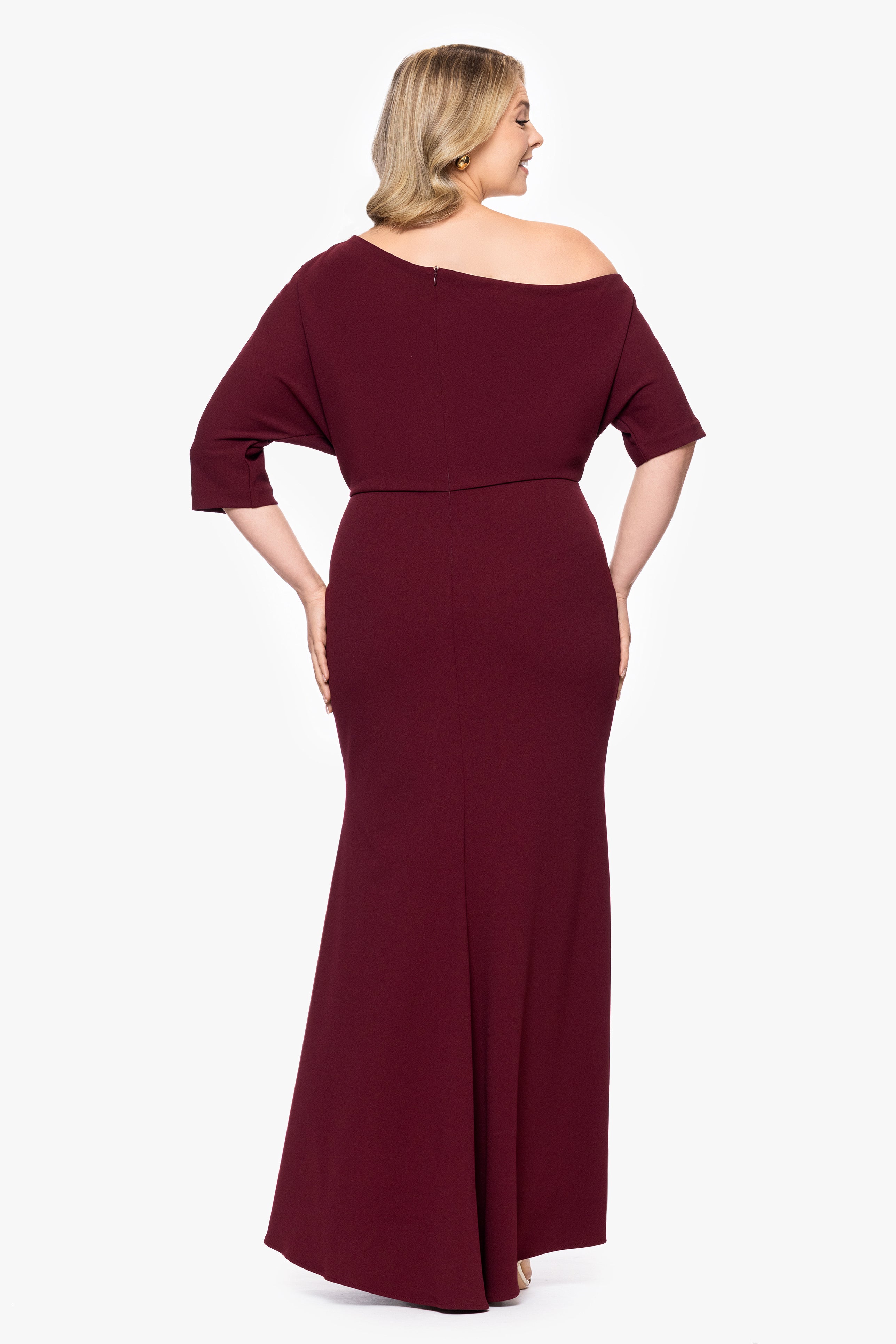 Plus "Madeline" Long Scuba Crepe Off the Shoulder Drop Dress