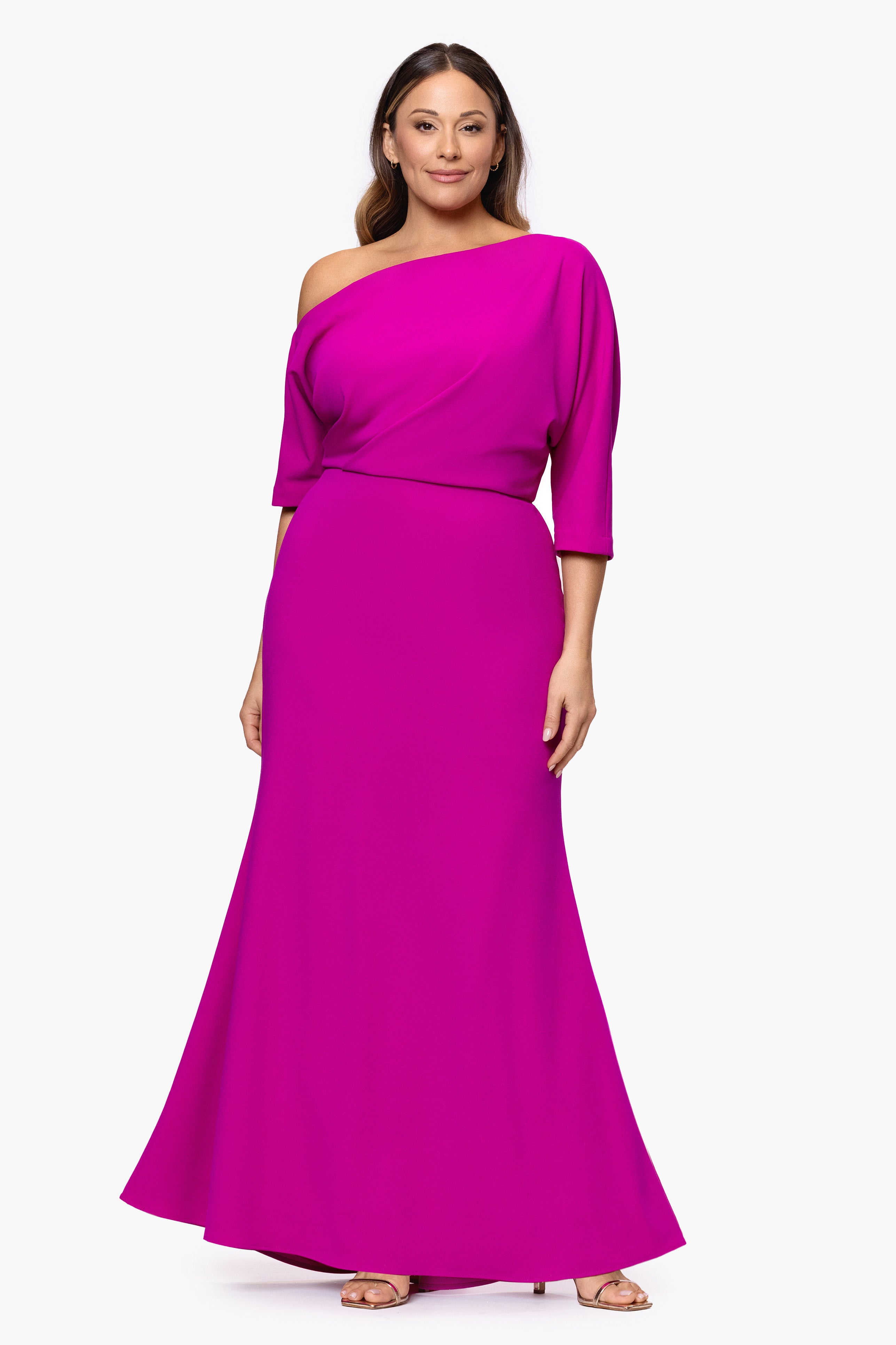 Plus "Madeline" Long Scuba Crepe Off the Shoulder Drop Dress