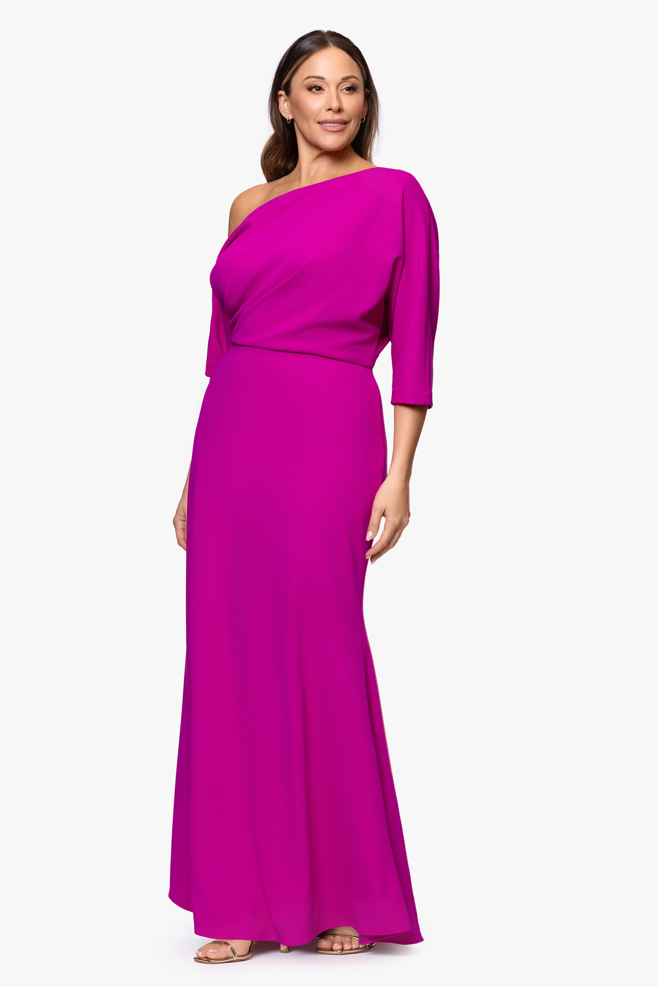 Plus "Madeline" Long Scuba Crepe Off the Shoulder Drop Dress