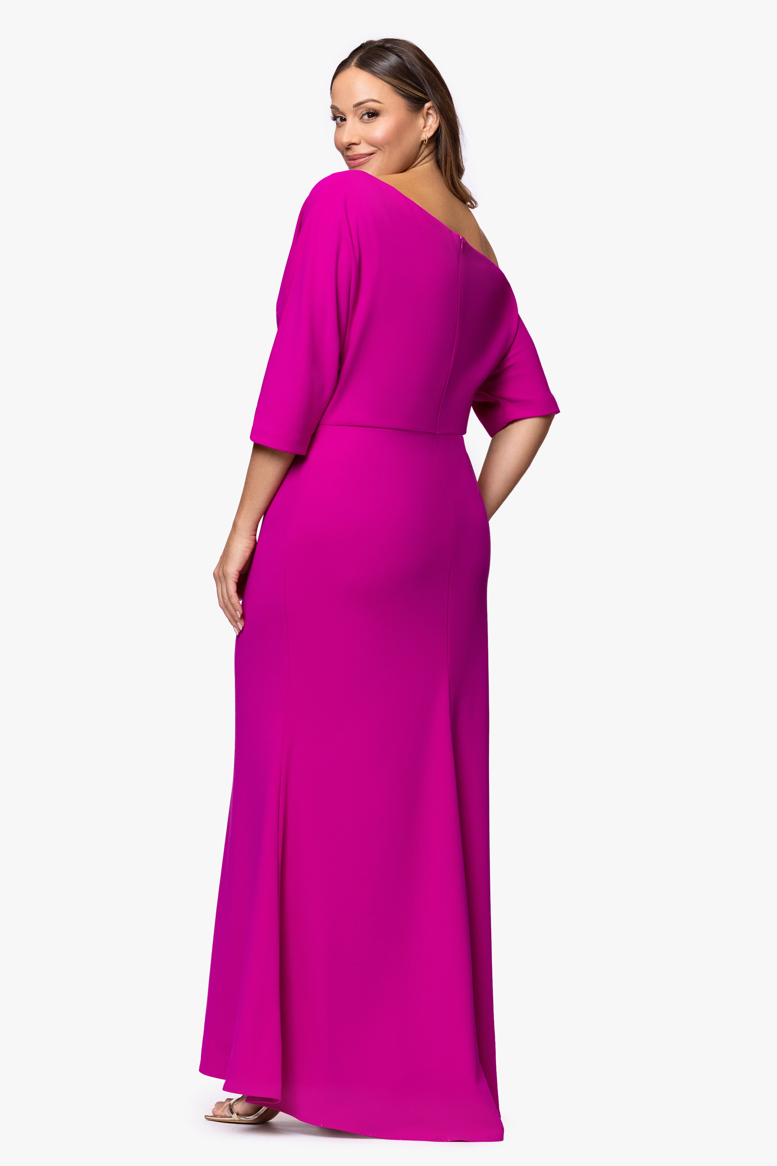 Plus "Madeline" Long Scuba Crepe Off the Shoulder Drop Dress
