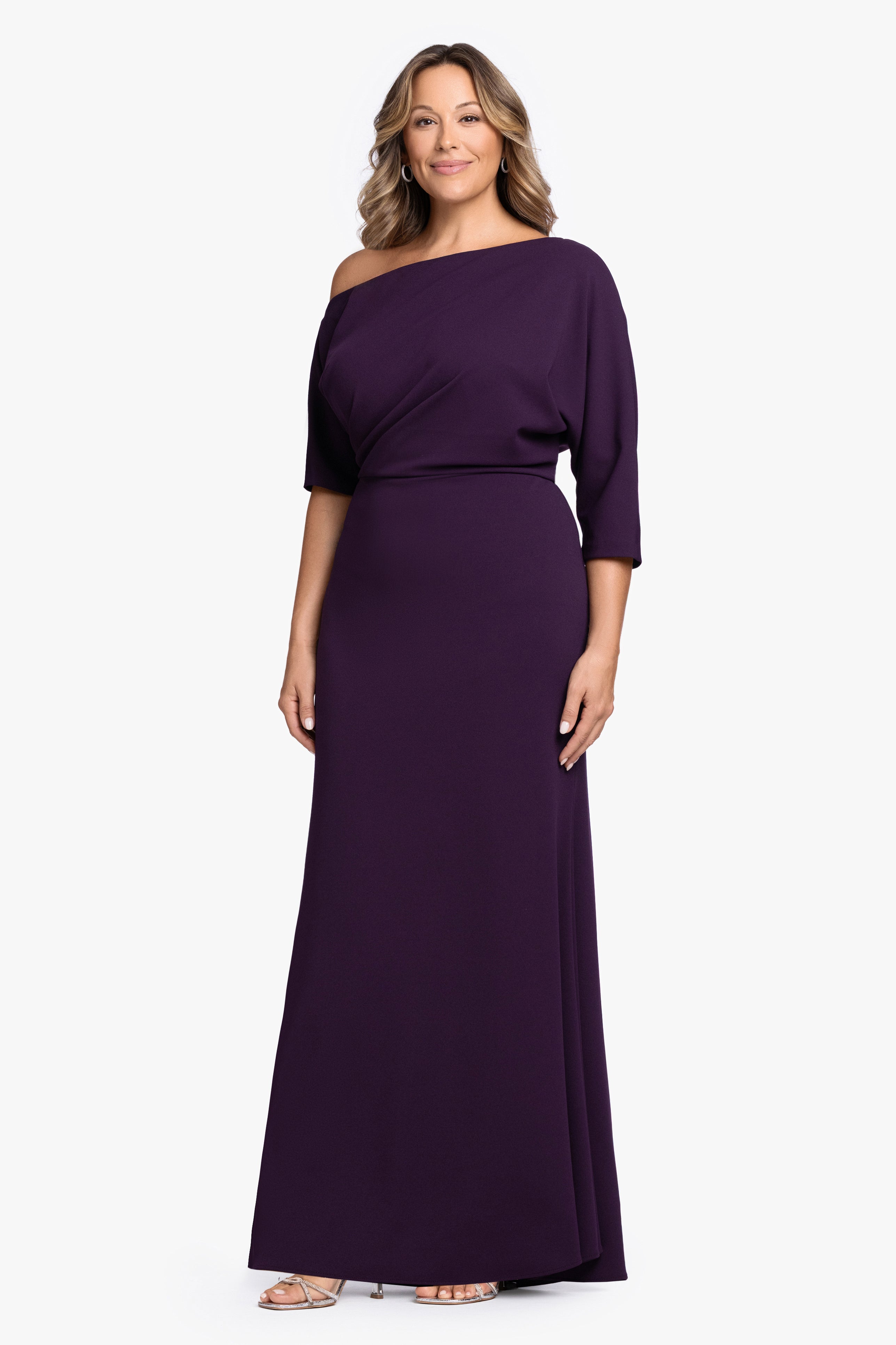 Plus "Madeline" Long Scuba Crepe Off the Shoulder Drop Dress
