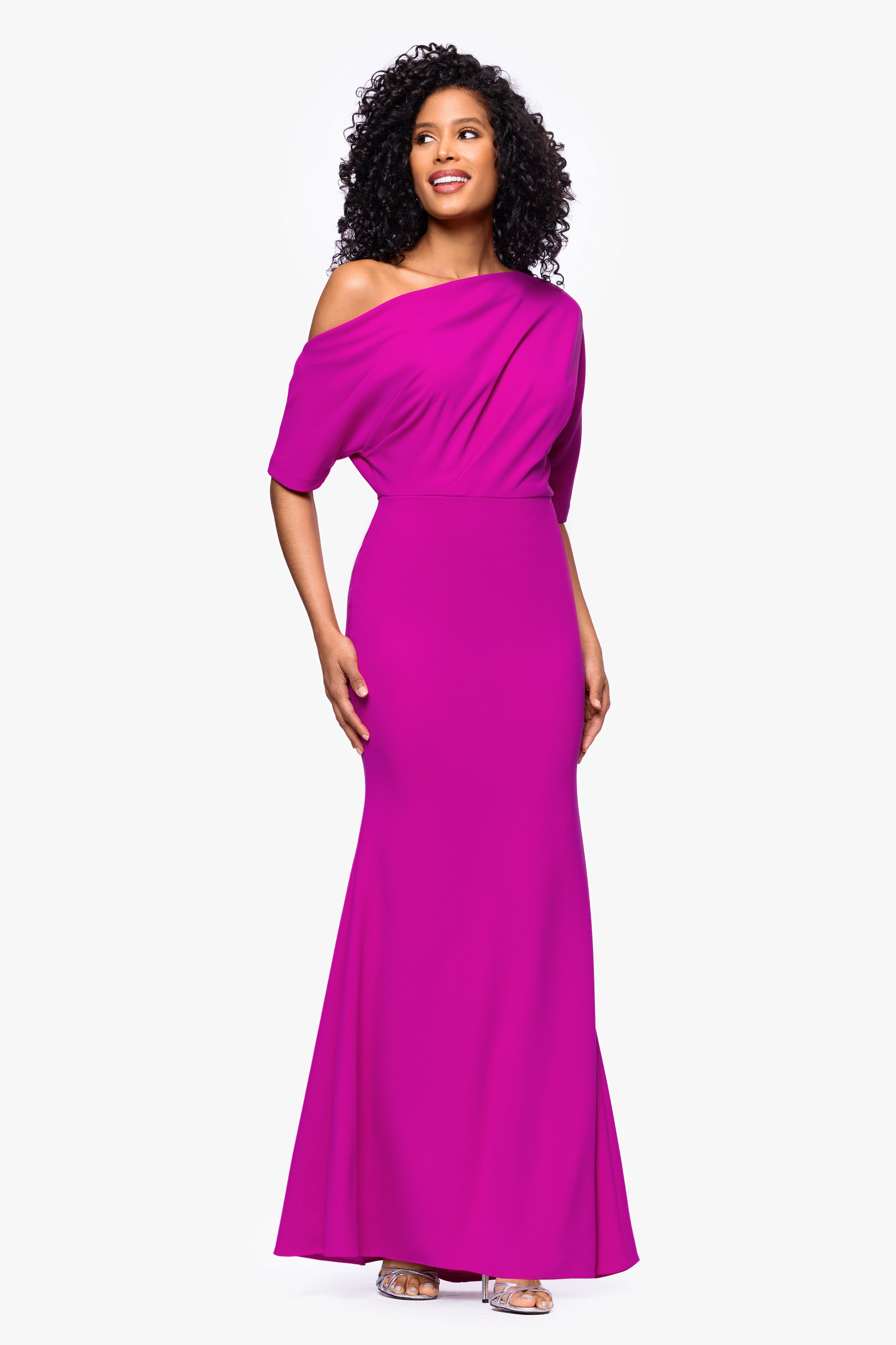 "Madeline" Long Scuba Crepe Off the Shoulder Drop Dress