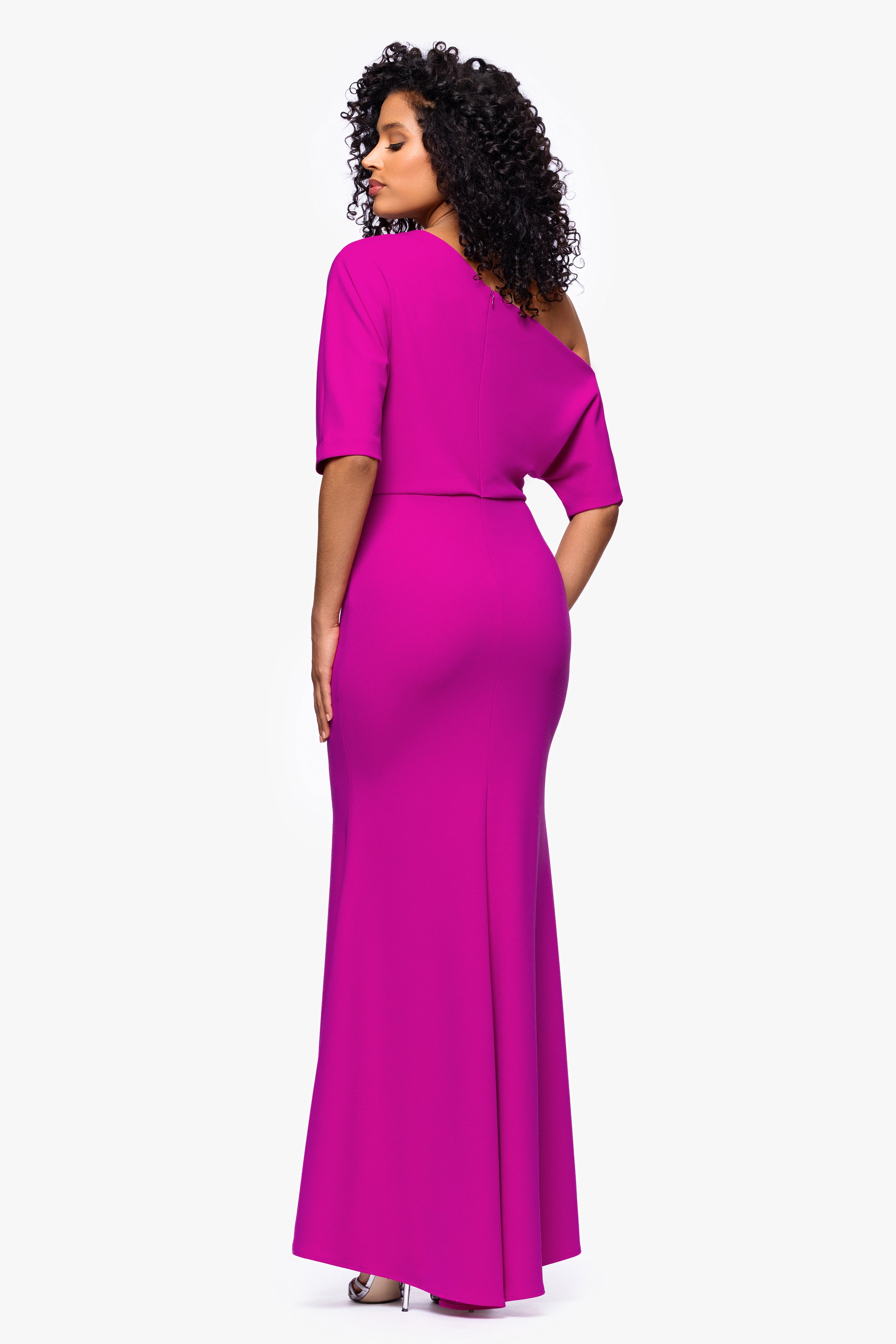 "Madeline" Long Scuba Crepe Off the Shoulder Drop Dress