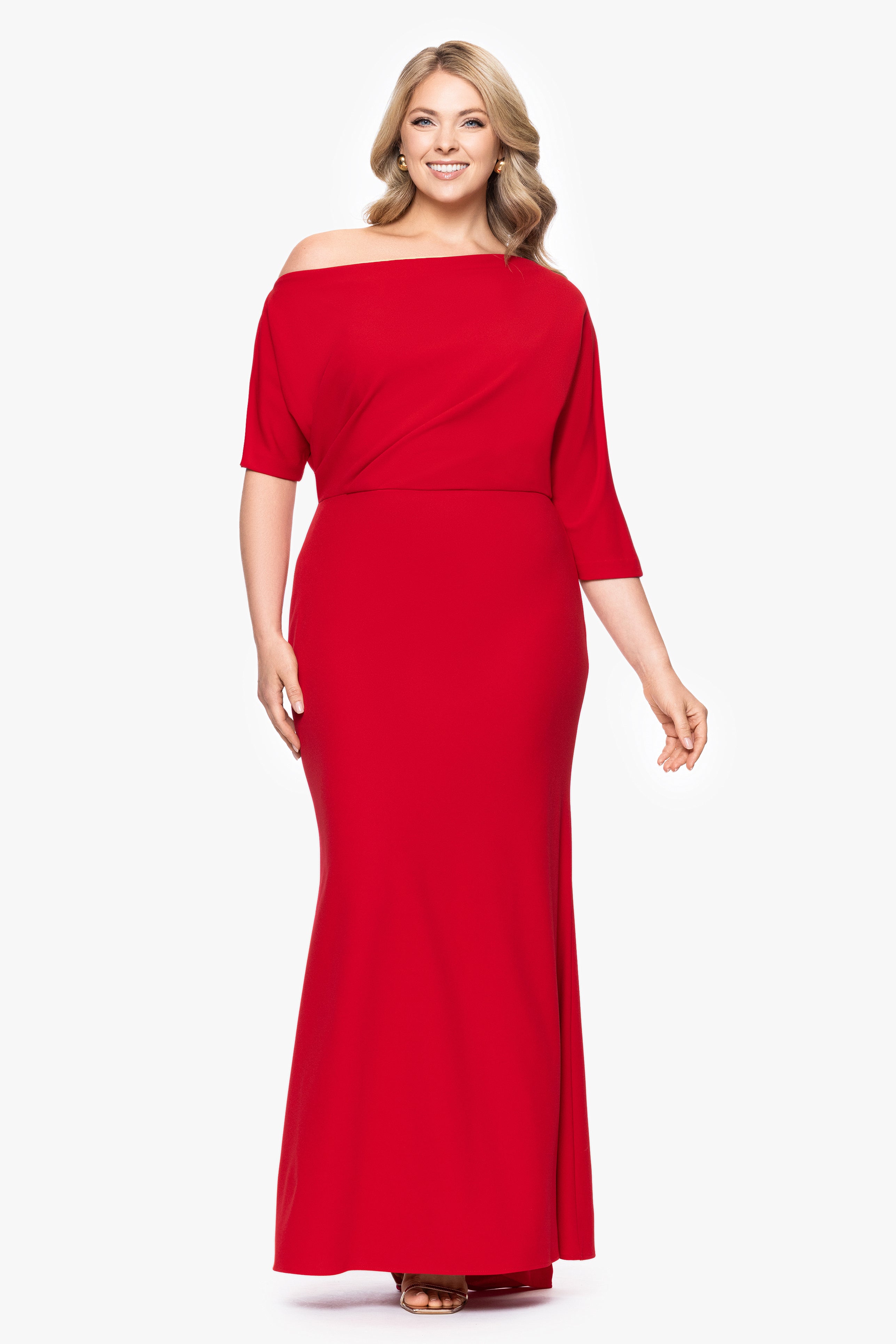 Plus "Madeline" Long Scuba Crepe Off the Shoulder Drop Dress