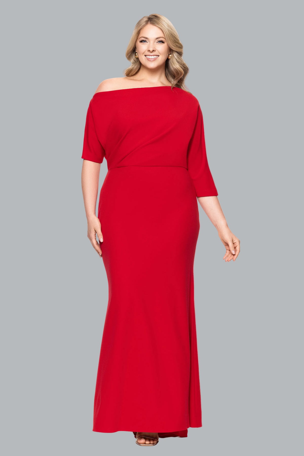 Red Plus “Madeline” Scuba Crepe Off the Shoulder Dress, front view