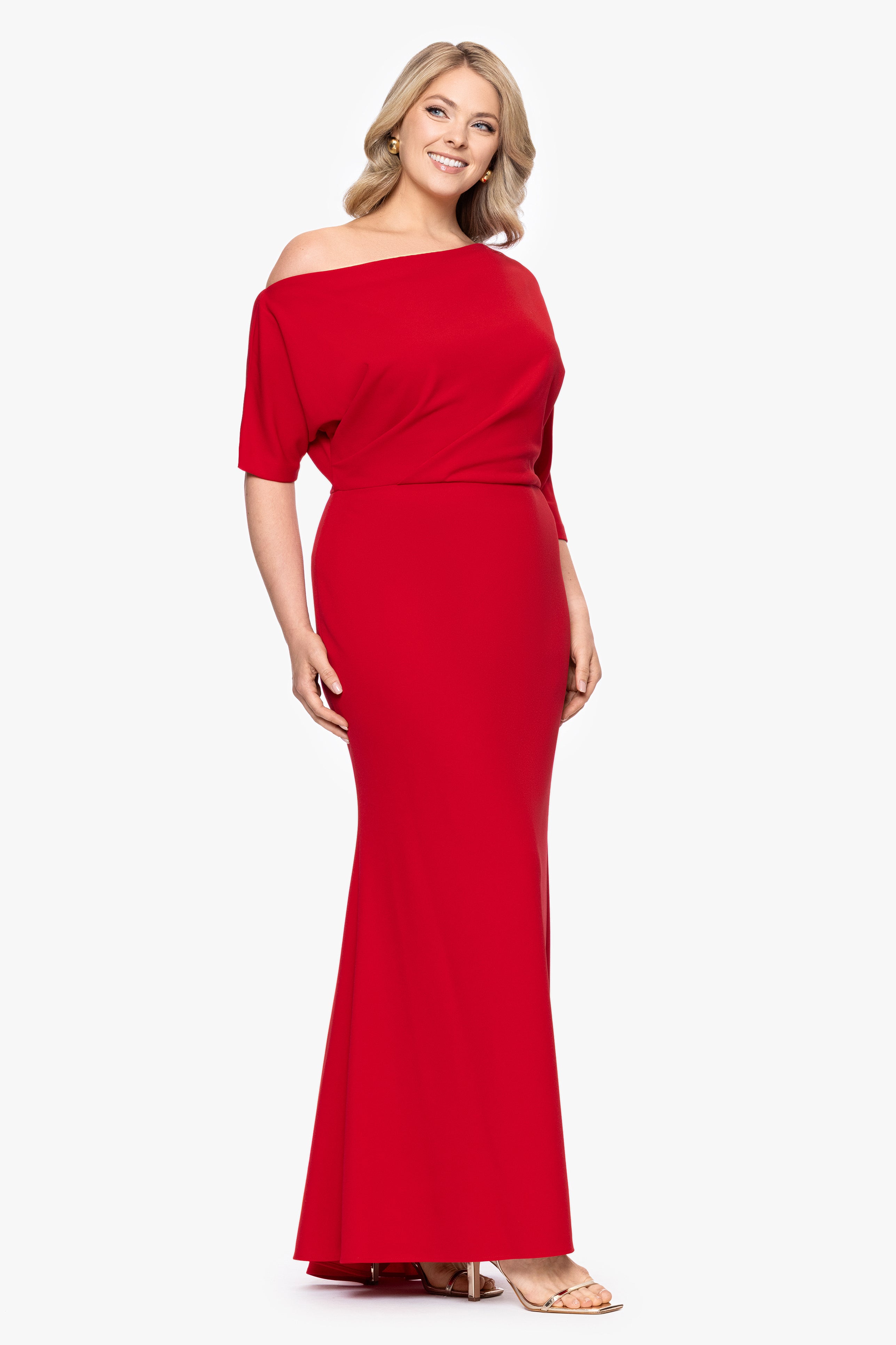 Plus "Madeline" Long Scuba Crepe Off the Shoulder Drop Dress