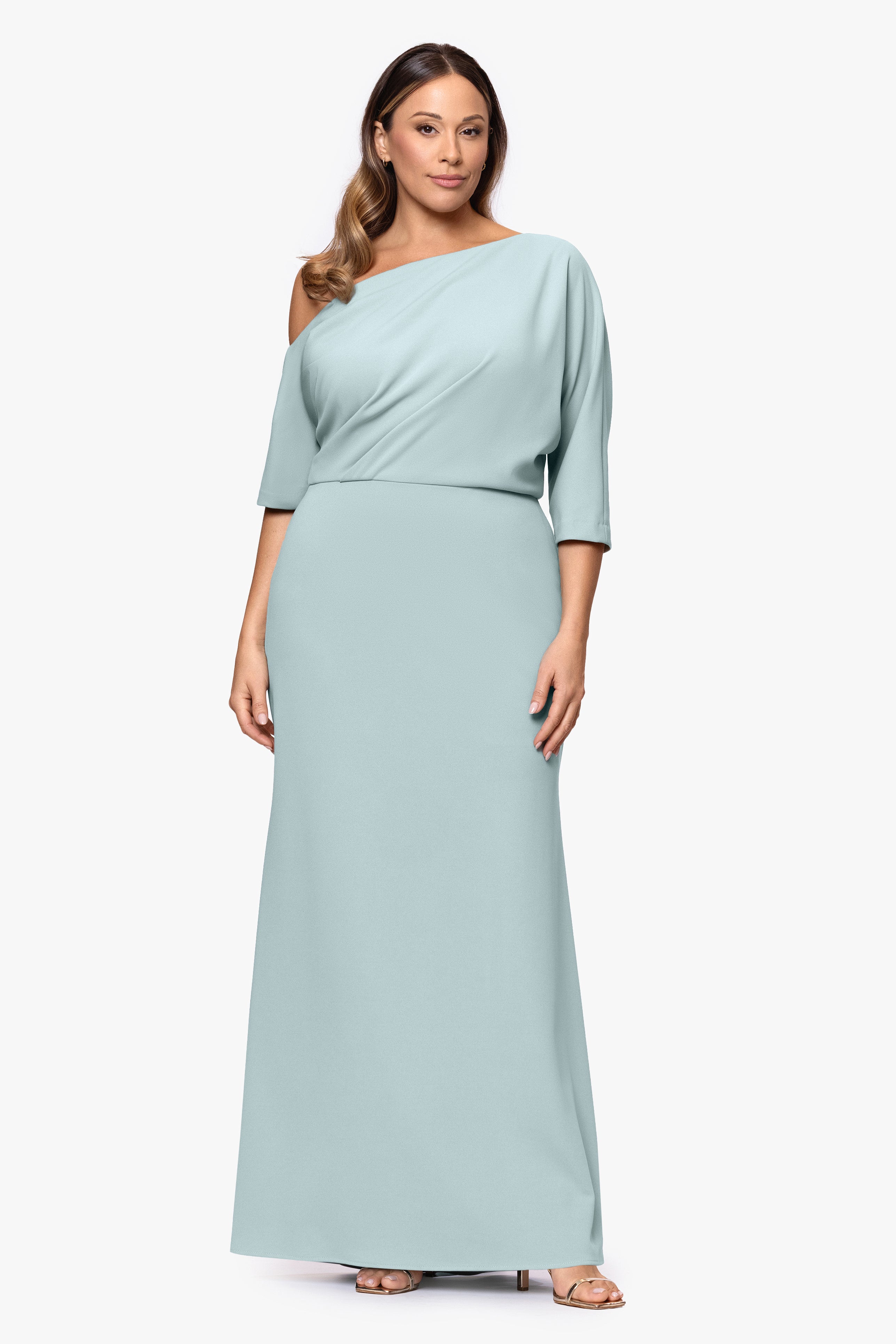 Plus "Madeline" Long Scuba Crepe Off the Shoulder Drop Dress
