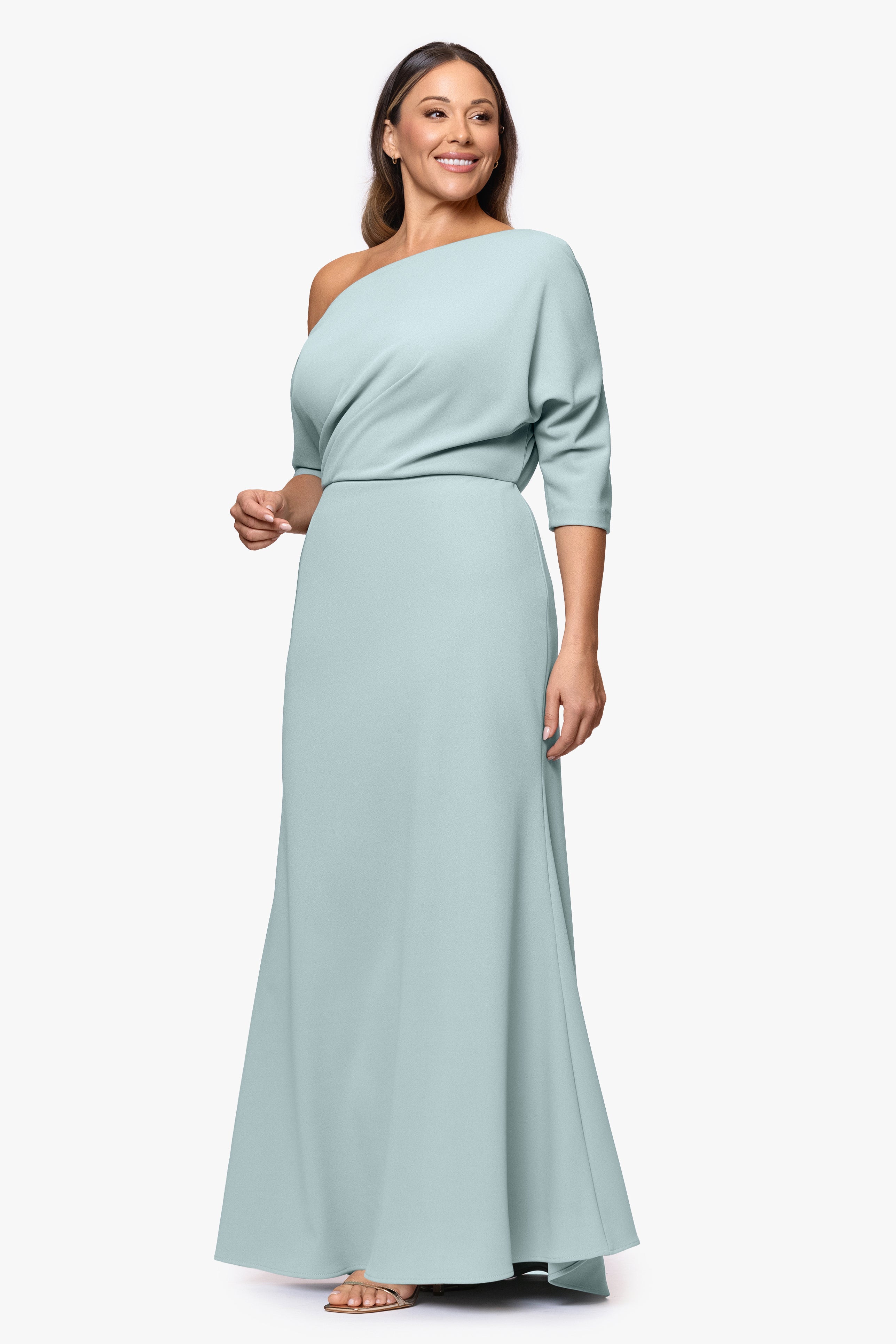 Plus "Madeline" Long Scuba Crepe Off the Shoulder Drop Dress