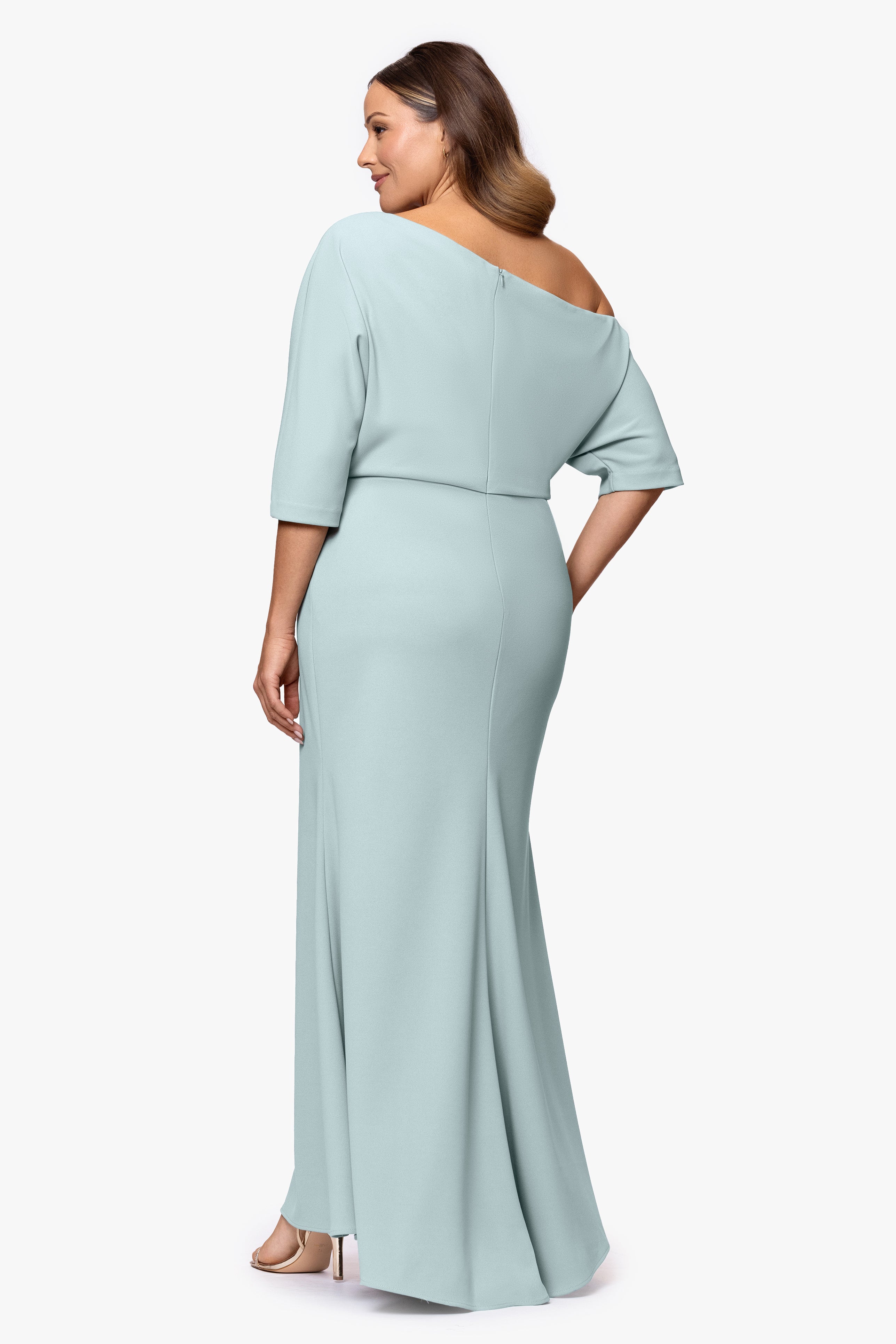 Plus "Madeline" Long Scuba Crepe Off the Shoulder Drop Dress