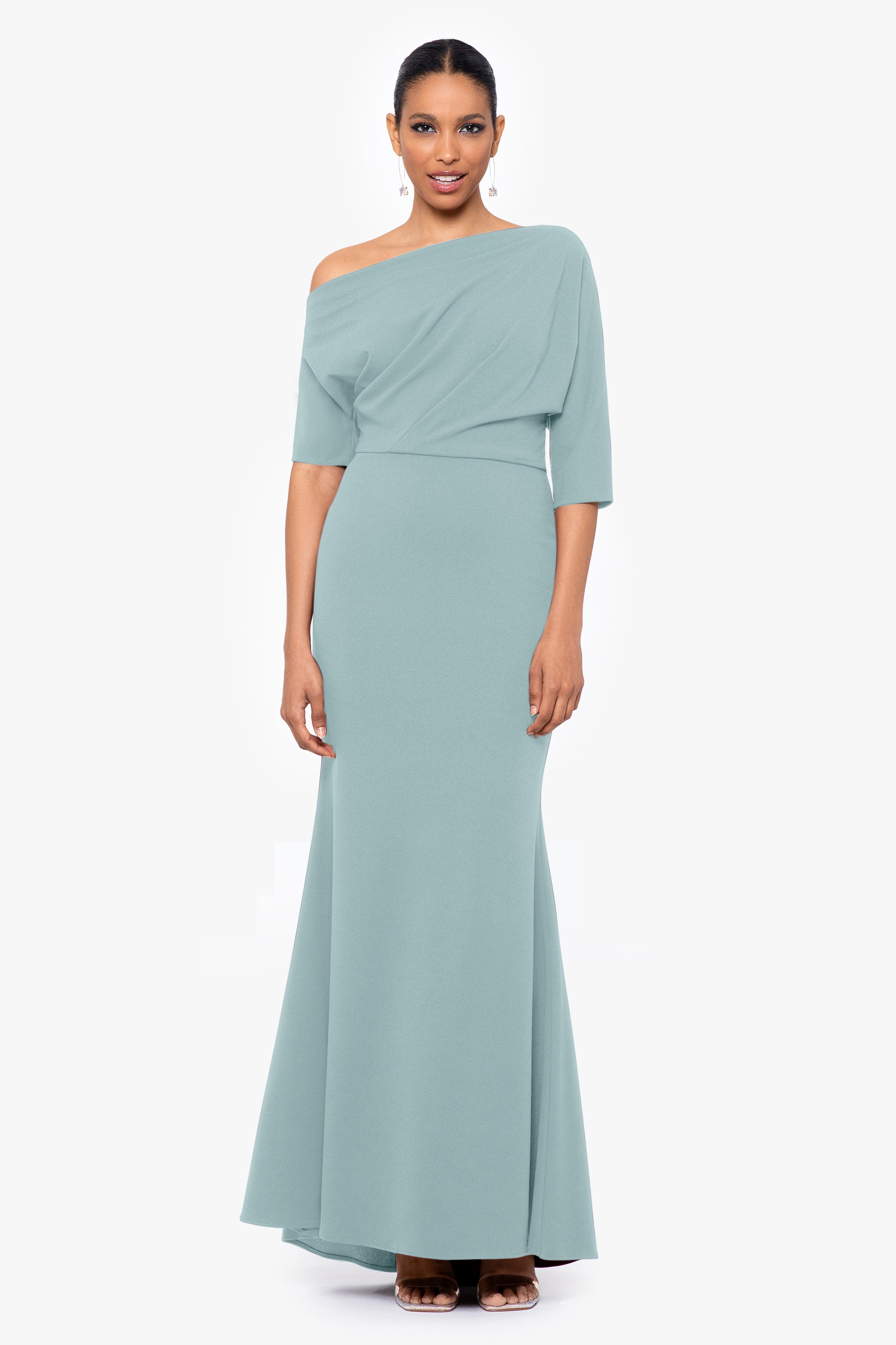 "Madeline" Long Scuba Crepe Off the Shoulder Drop Dress