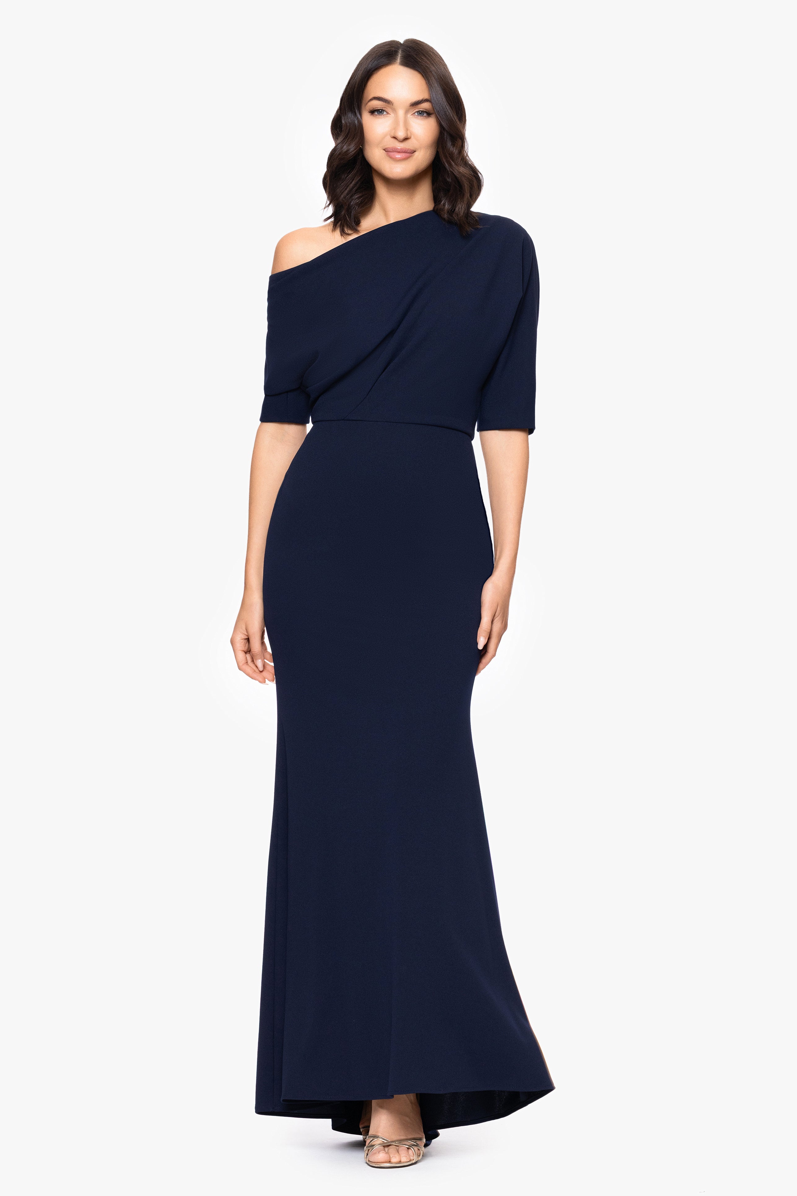 "Madeline" Long Scuba Crepe Off the Shoulder Drop Dress
