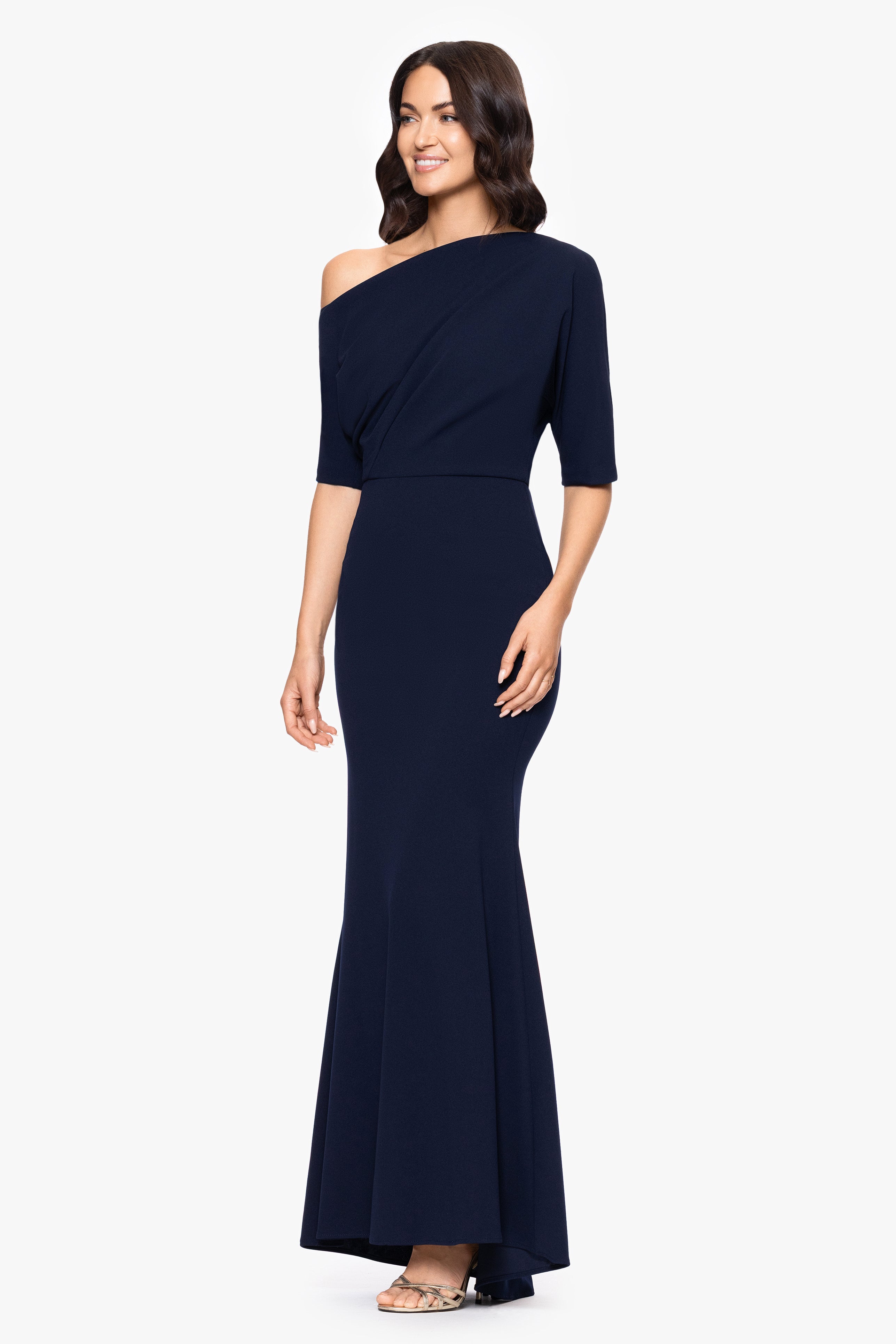 "Madeline" Long Scuba Crepe Off the Shoulder Drop Dress