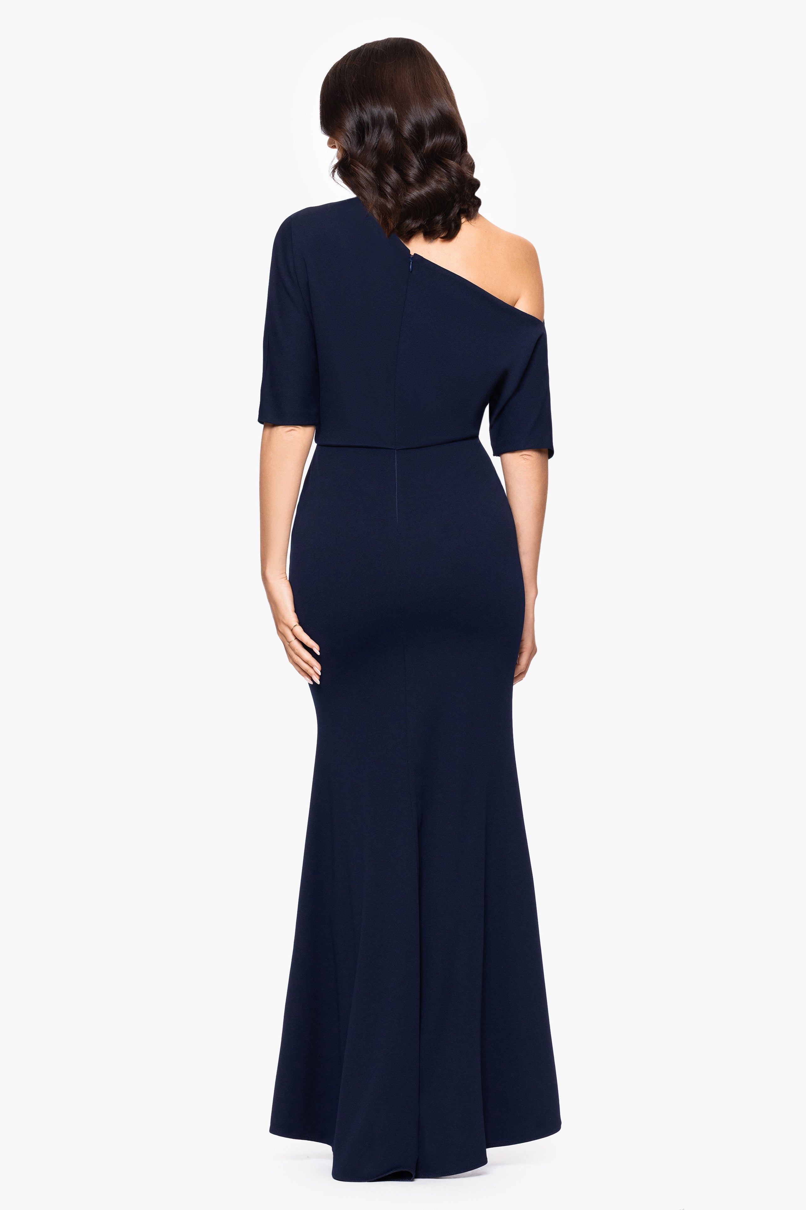 "Madeline" Long Scuba Crepe Off the Shoulder Drop Dress