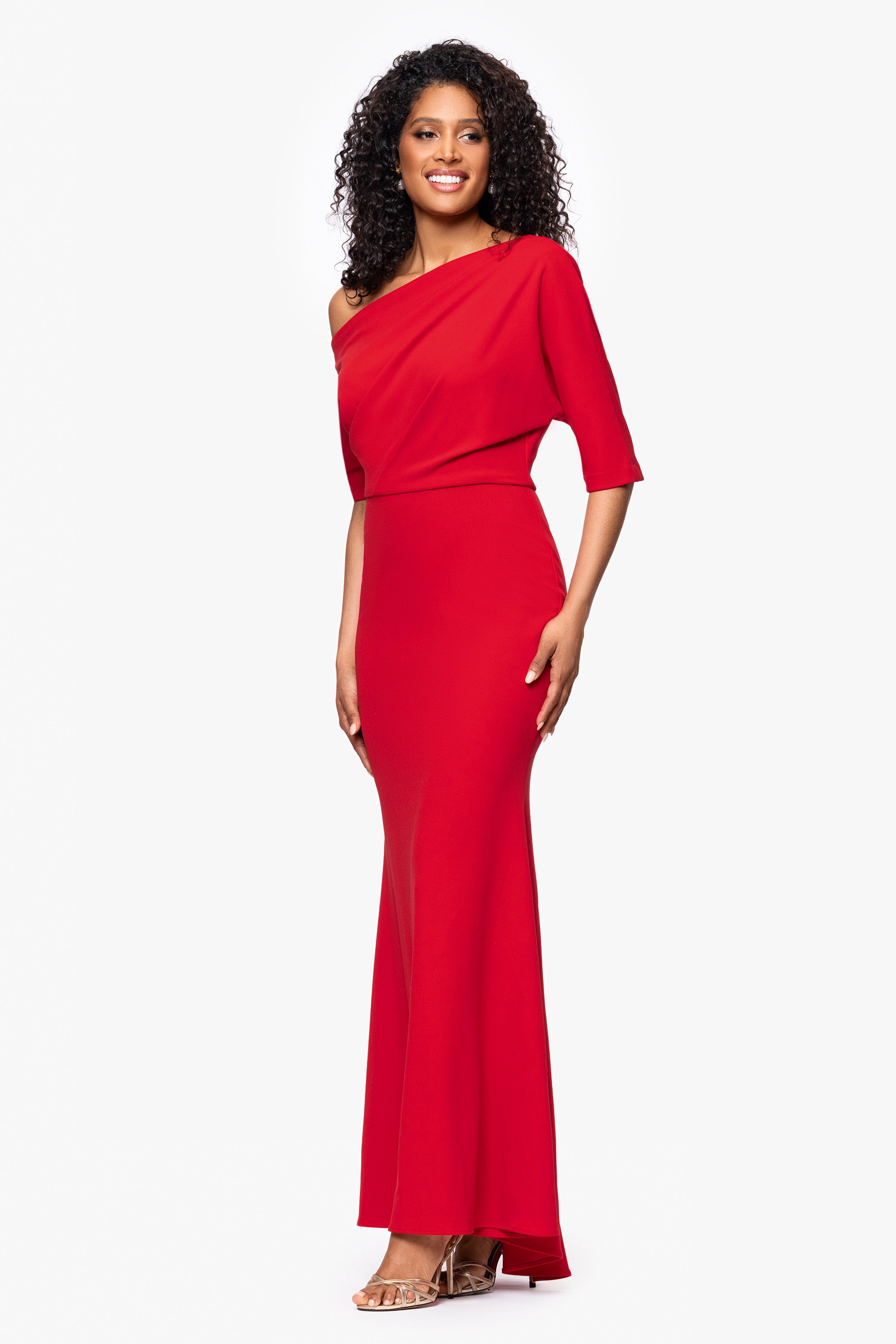 "Madeline" Long Scuba Crepe Off the Shoulder Drop Dress