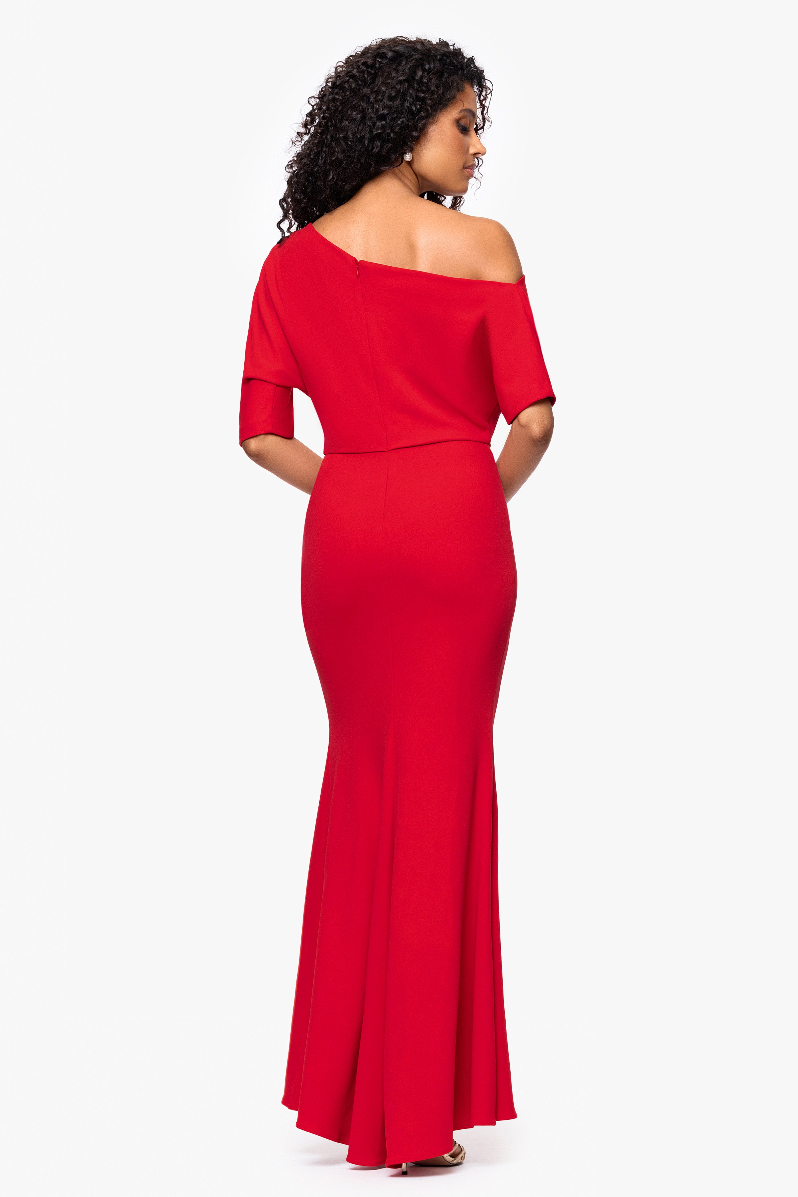 "Madeline" Long Scuba Crepe Off the Shoulder Drop Dress