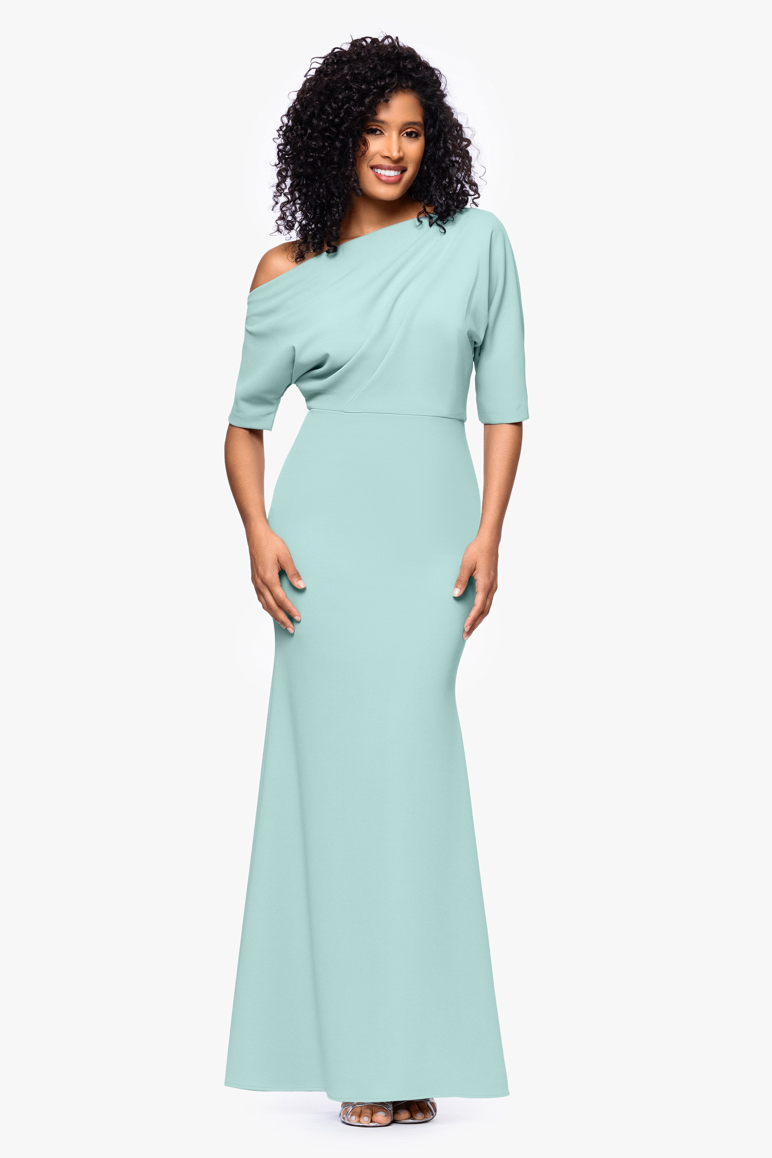"Madeline" Long Scuba Crepe Off the Shoulder Drop Dress