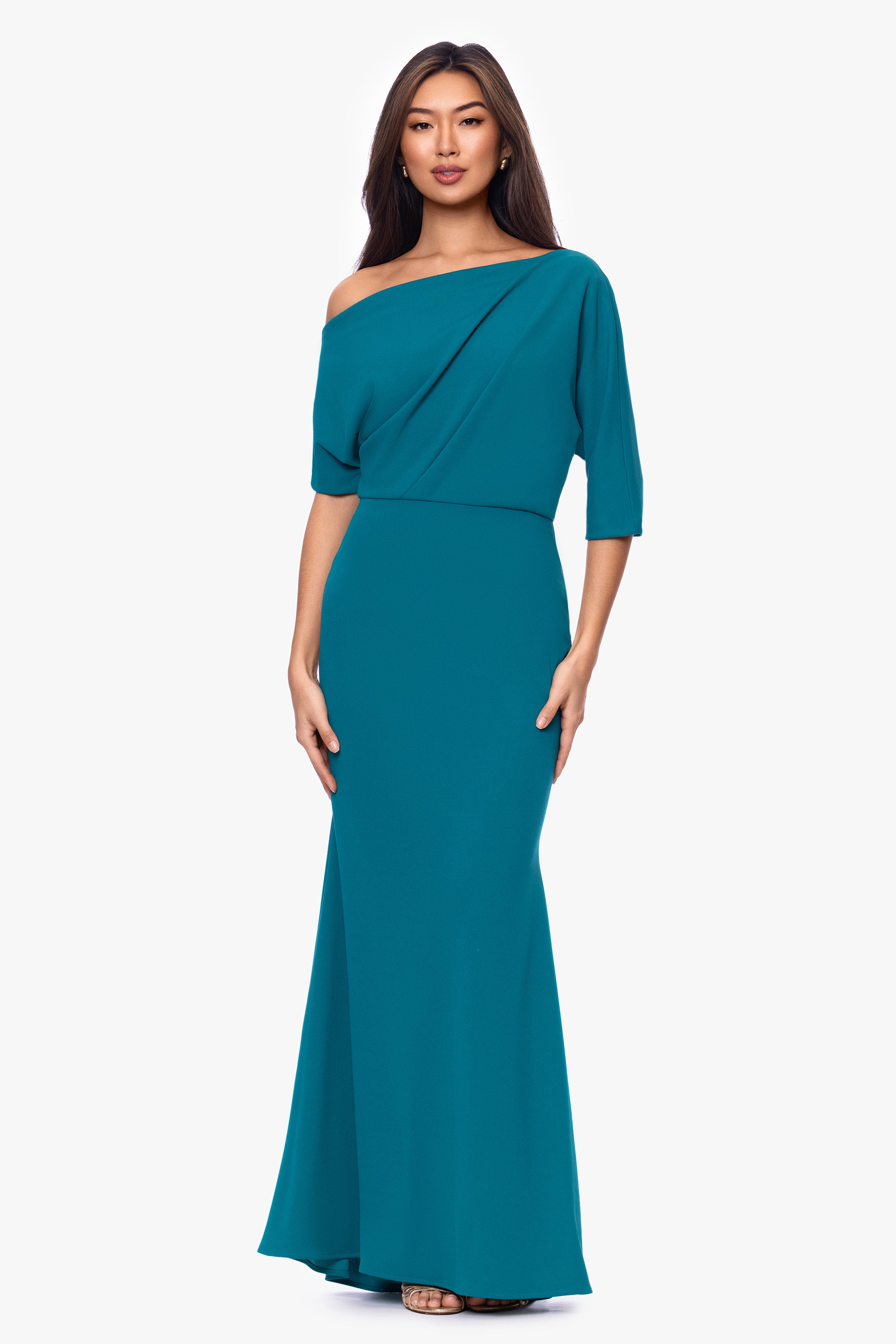 "Madeline" Long Scuba Crepe Off the Shoulder Drop Dress