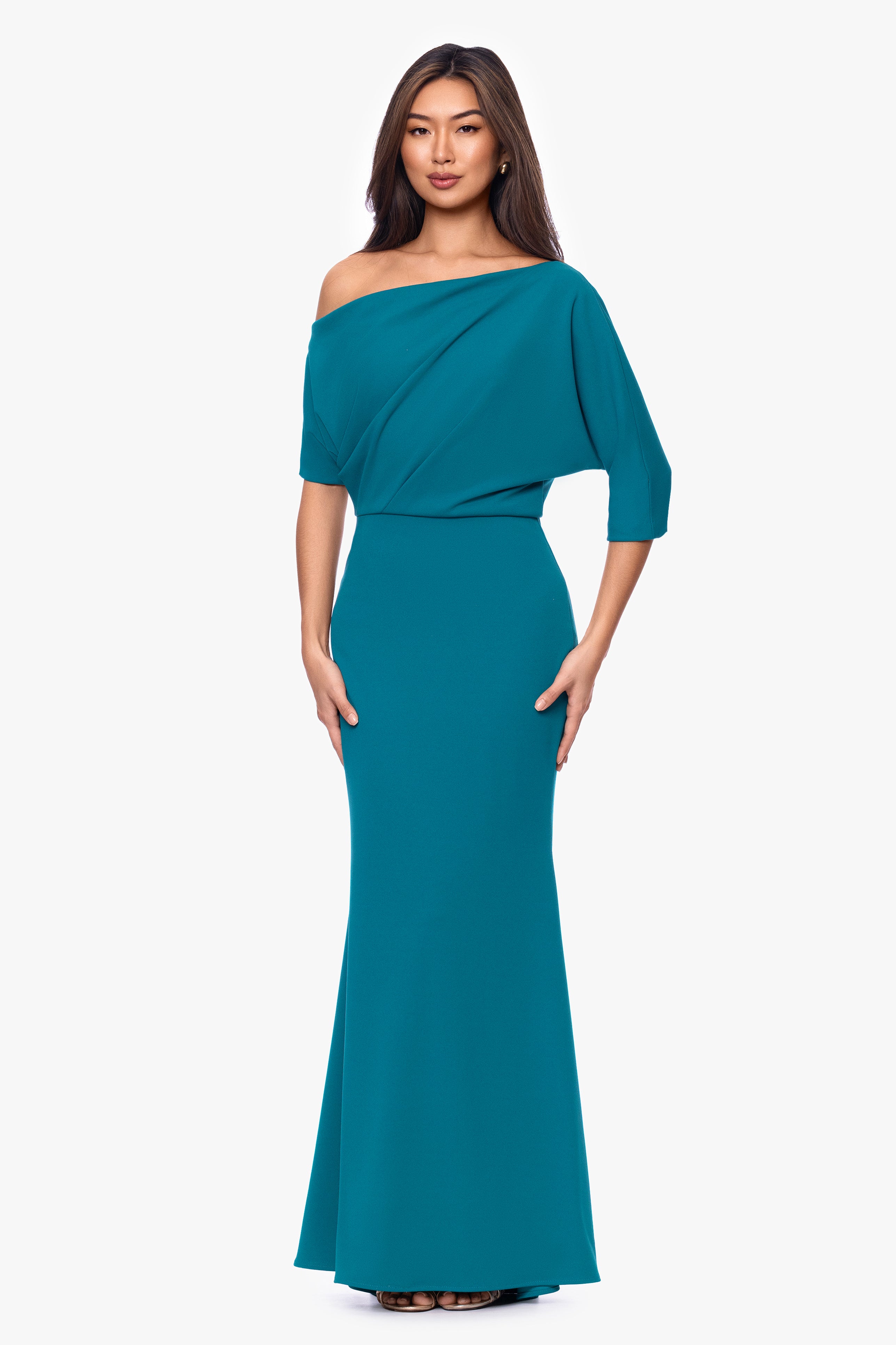 "Madeline" Long Scuba Crepe Off the Shoulder Drop Dress