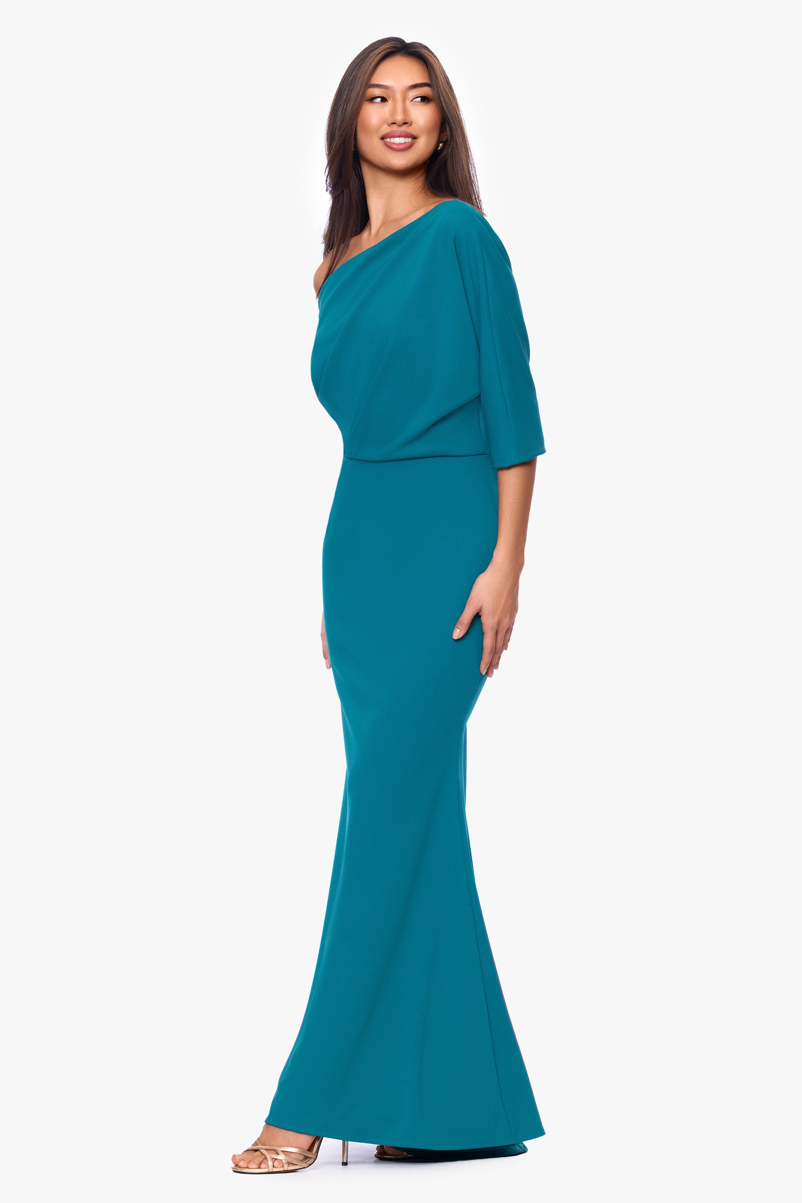 "Madeline" Long Scuba Crepe Off the Shoulder Drop Dress