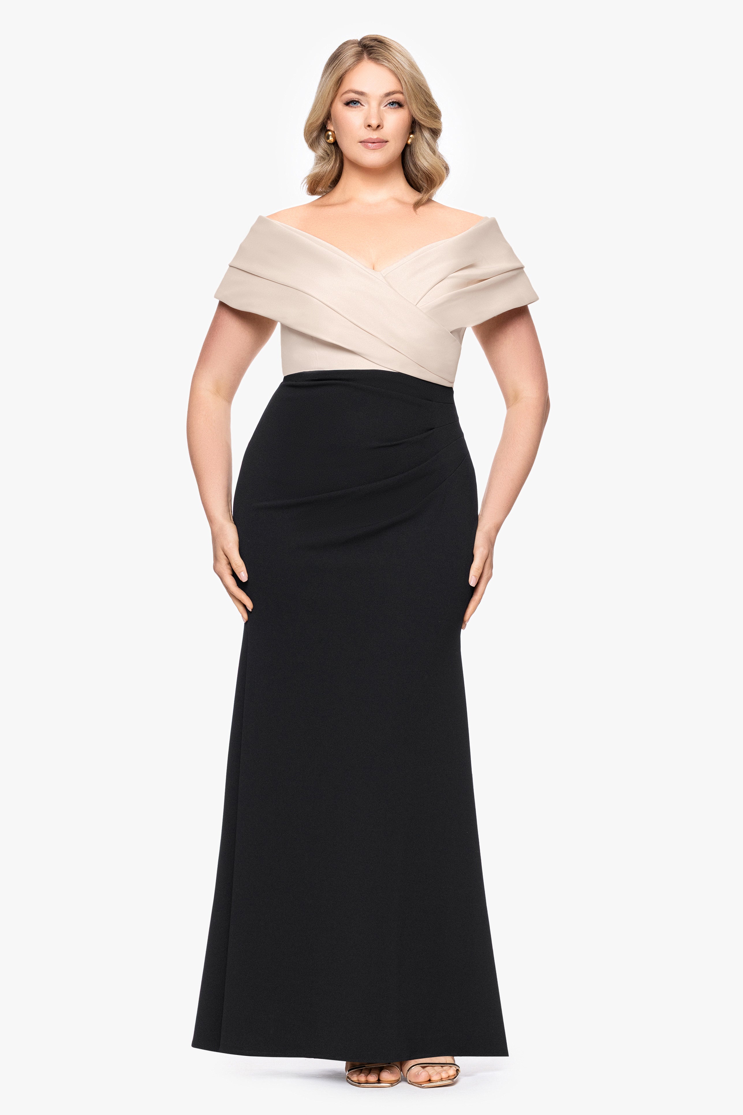 Plus "Yasmeen" Long Off The Shoulder Scuba Crepe Gown