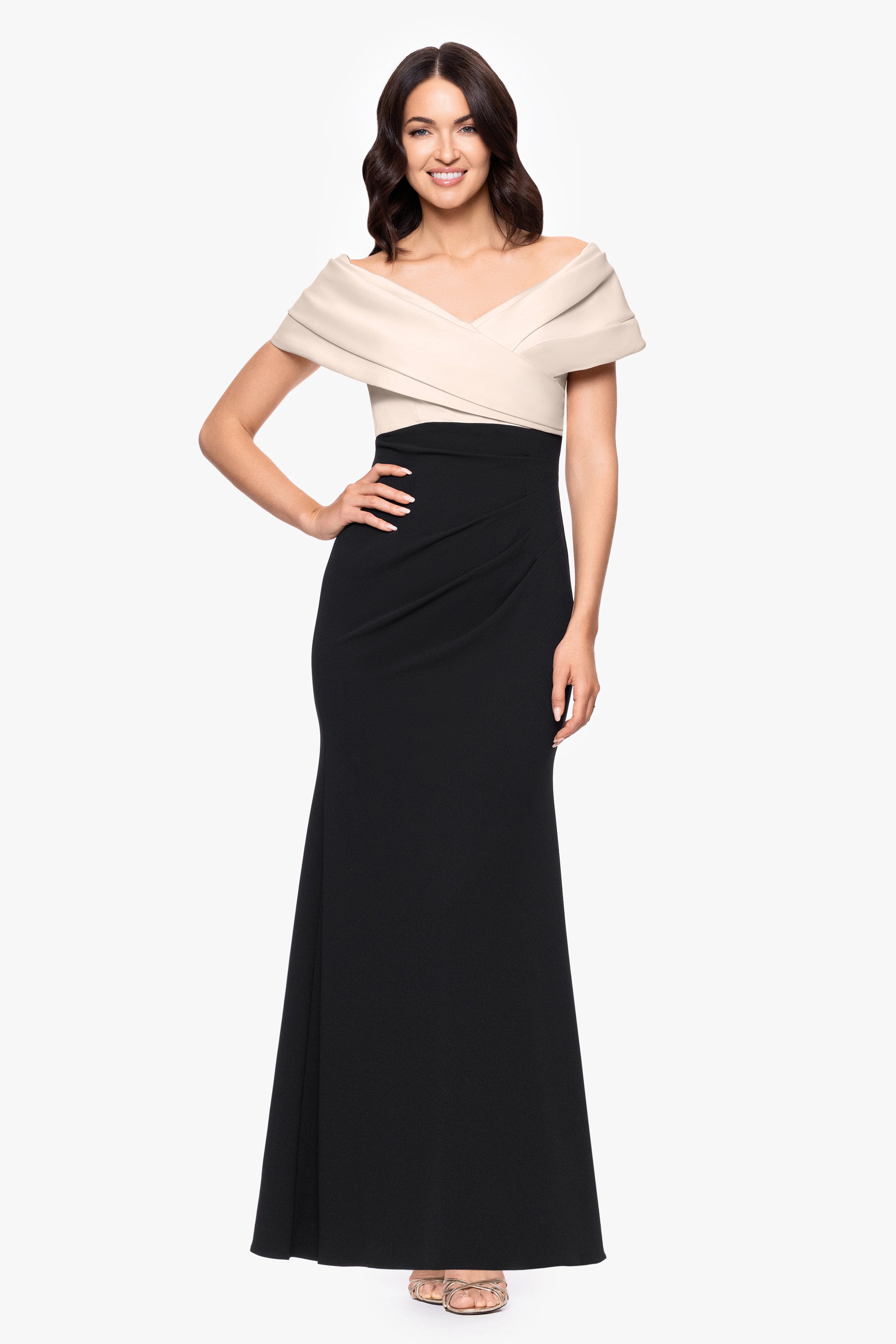 "Yasmeen" Long Off The Shoulder Scuba Crepe Gown