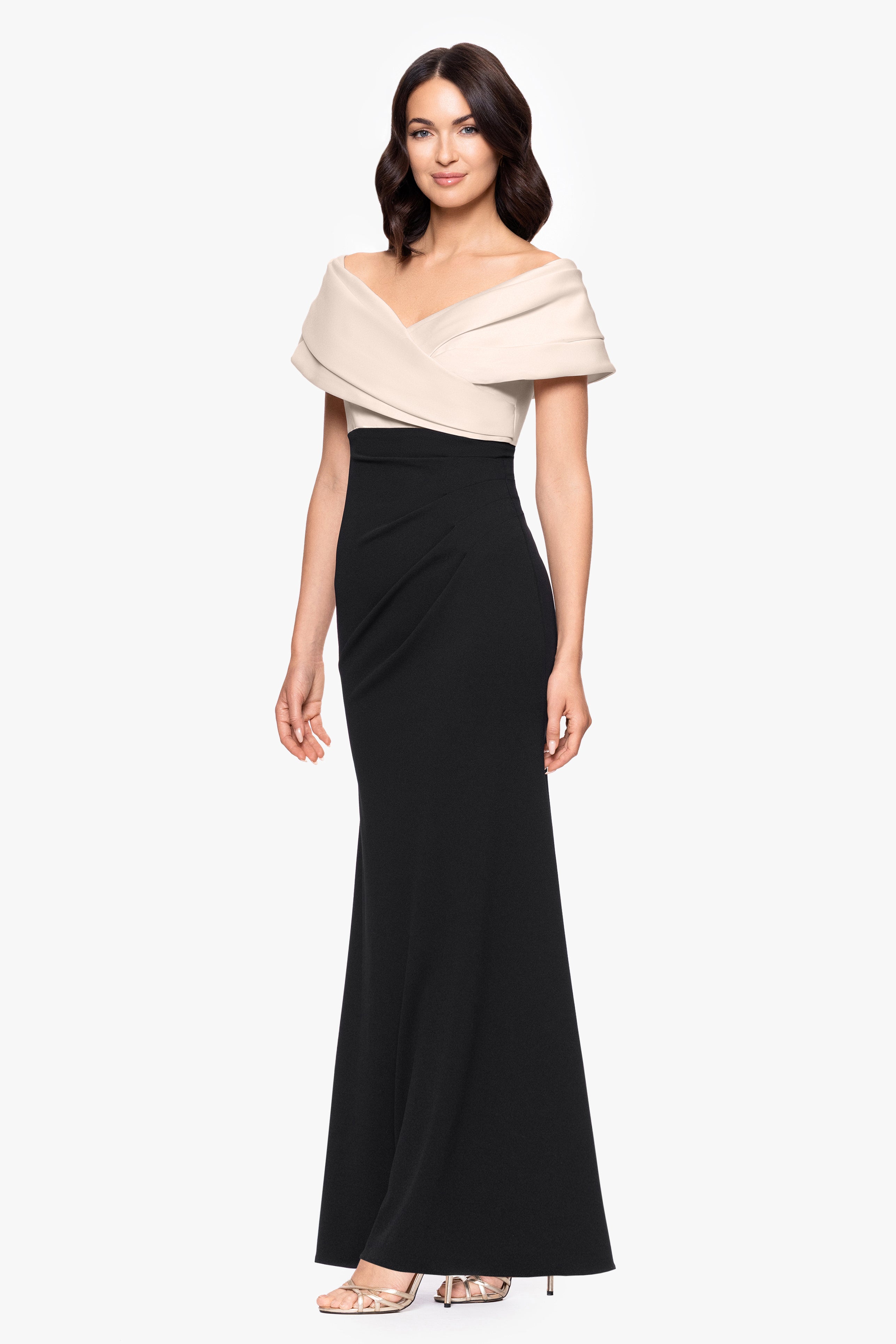 "Yasmeen" Long Off The Shoulder Scuba Crepe Gown