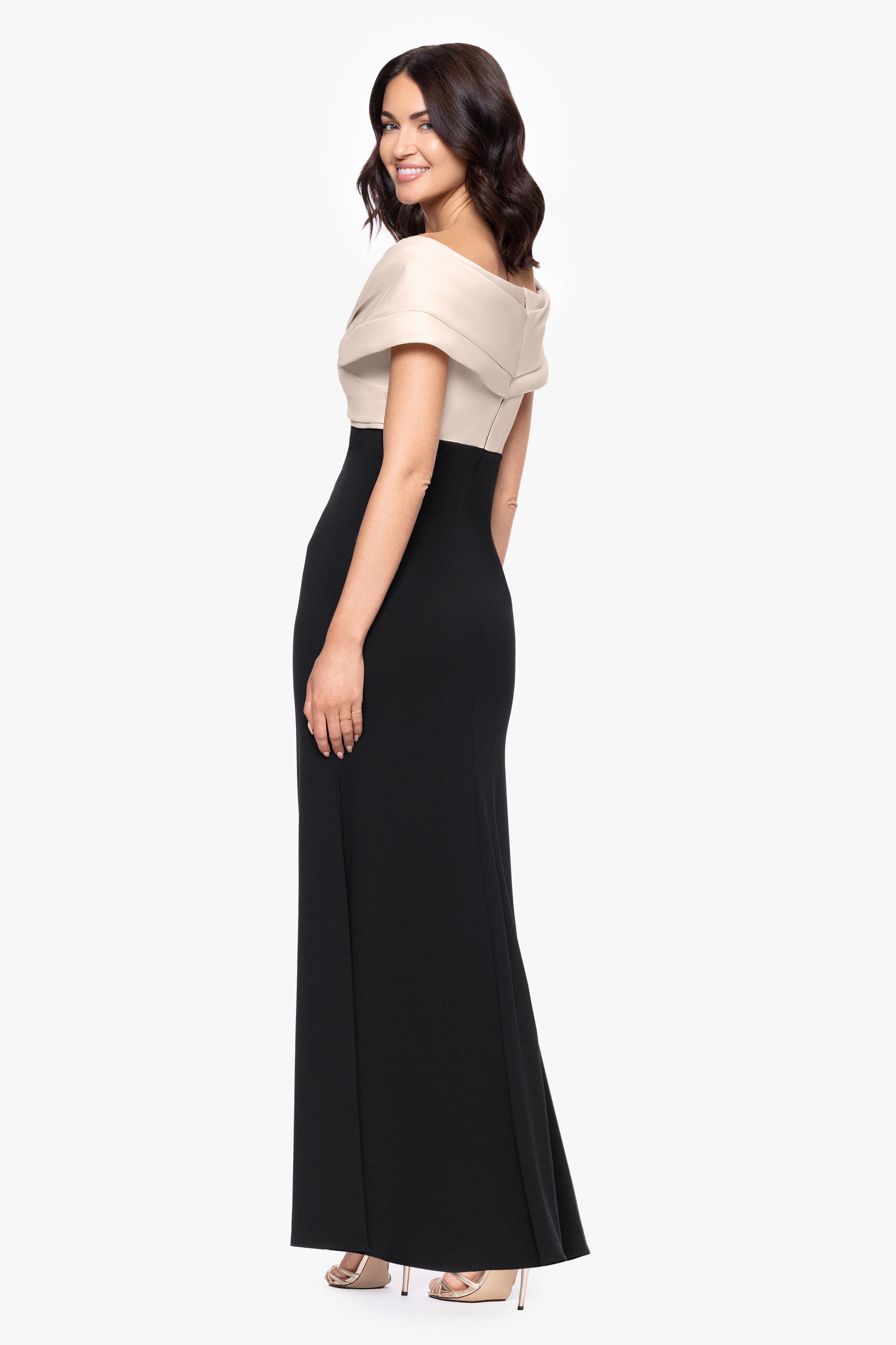 "Yasmeen" Long Off The Shoulder Scuba Crepe Gown