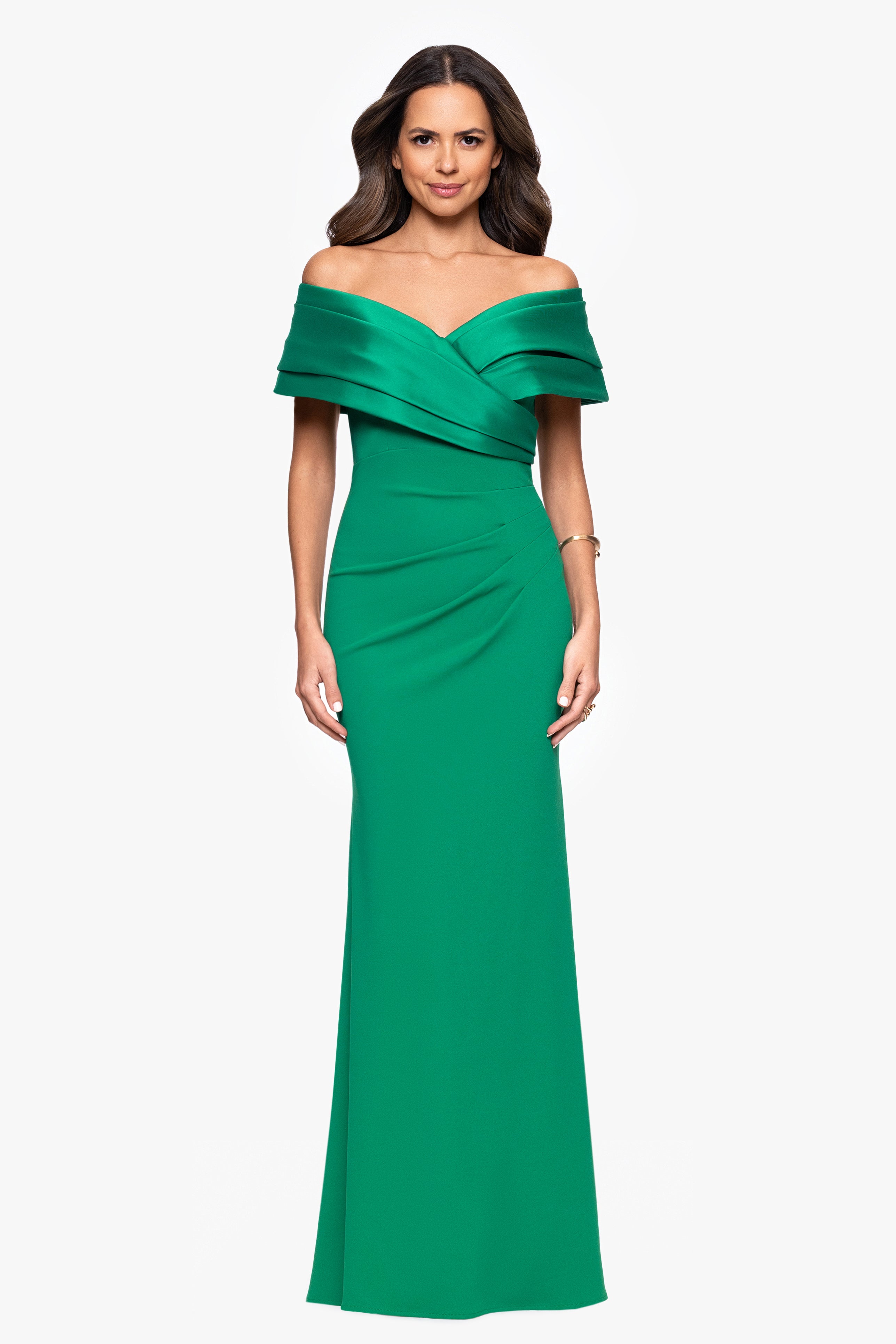 Petite "Yasmeen" Long Off The Shoulder Scuba Crepe Gown