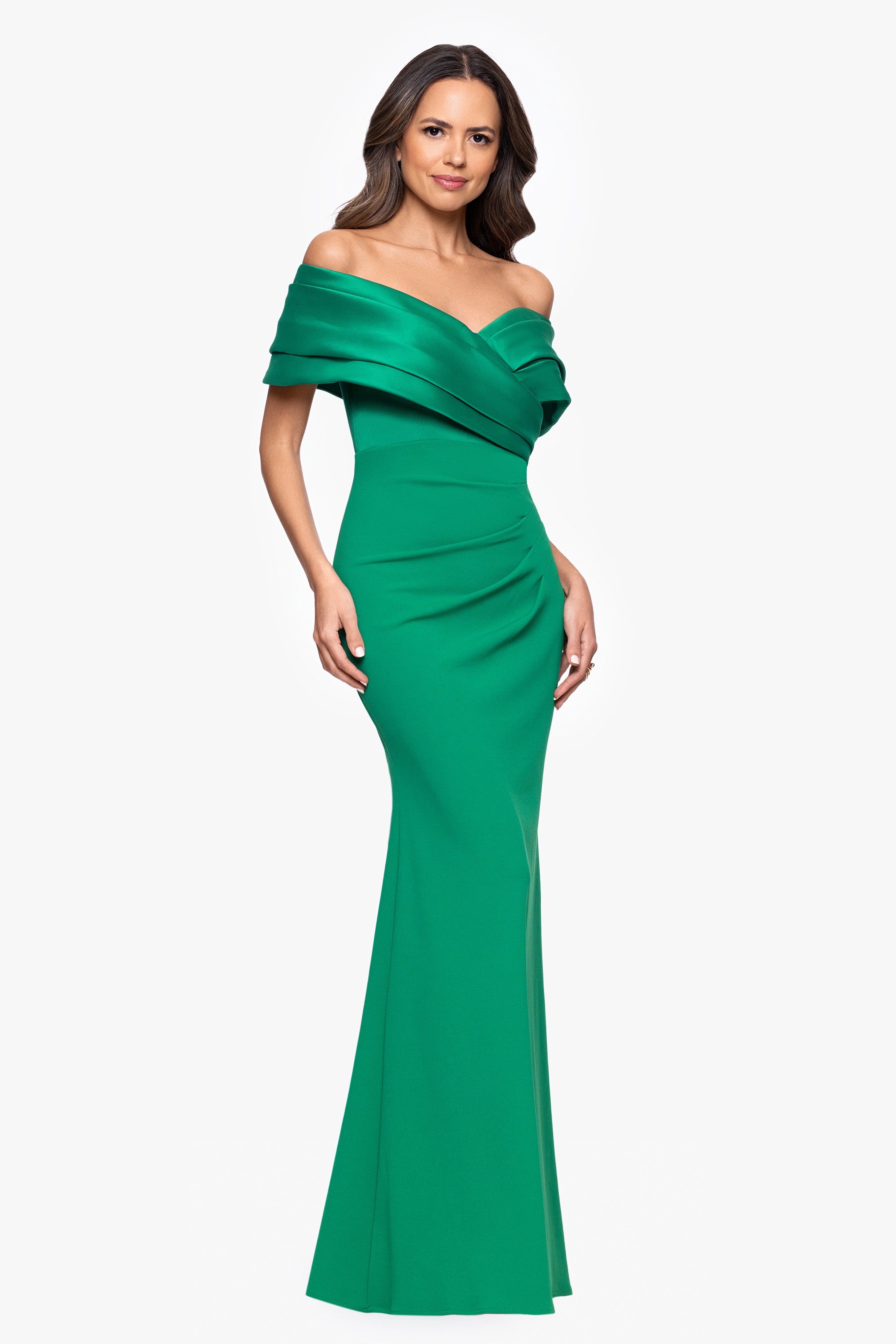 Petite "Yasmeen" Long Off The Shoulder Scuba Crepe Gown