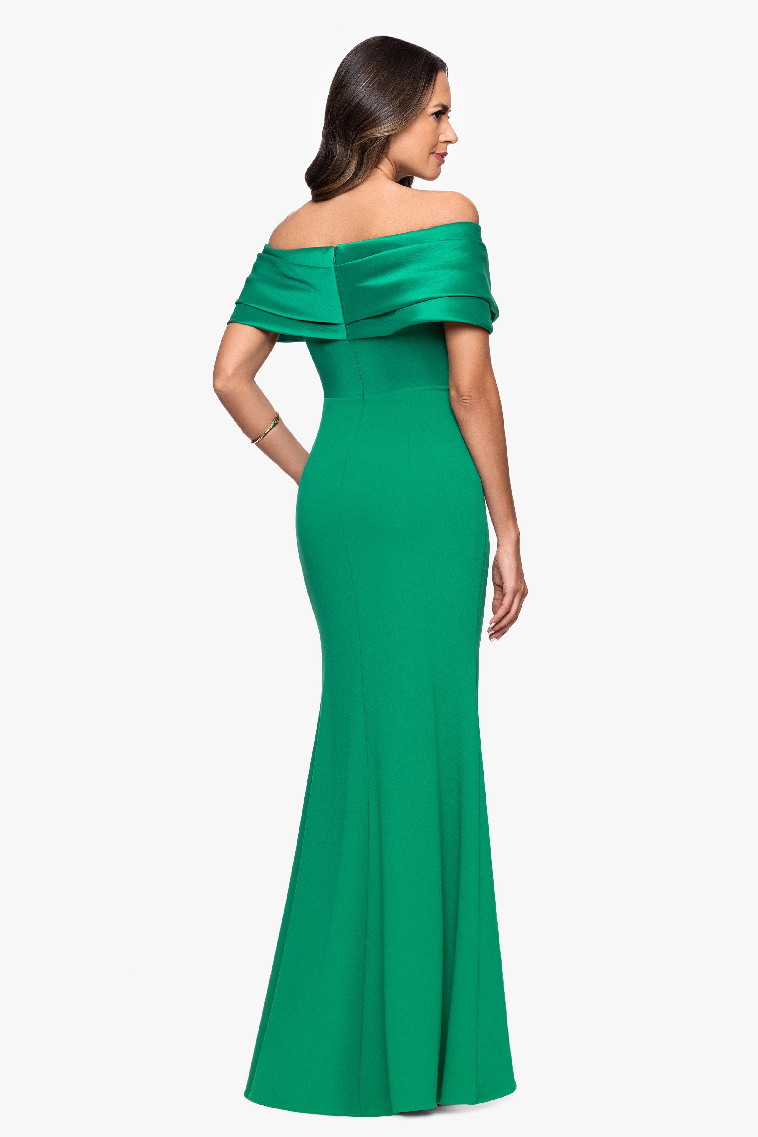 Petite "Yasmeen" Long Off The Shoulder Scuba Crepe Gown
