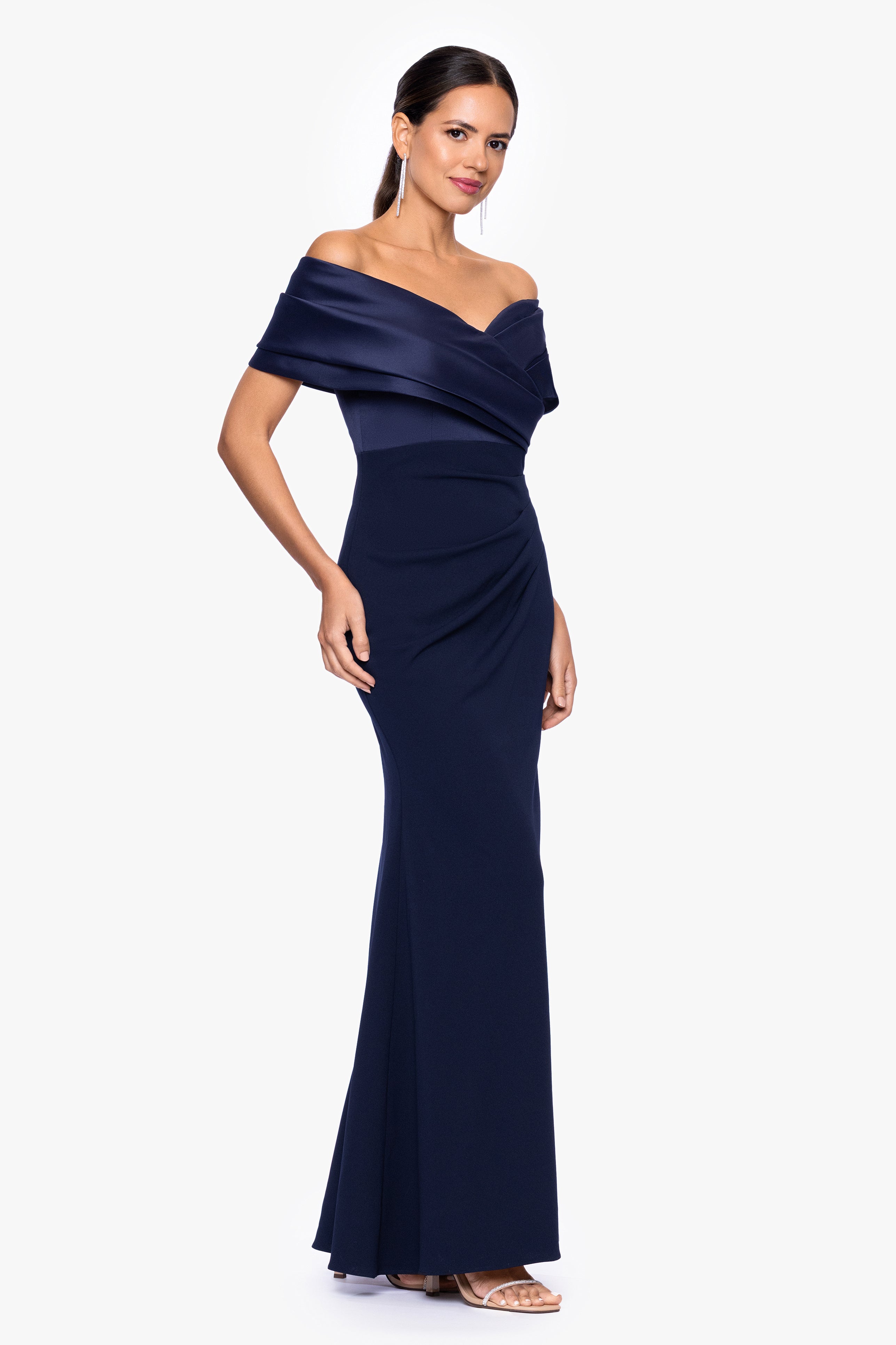 "Yasmeen" Long Off The Shoulder Scuba Crepe Gown