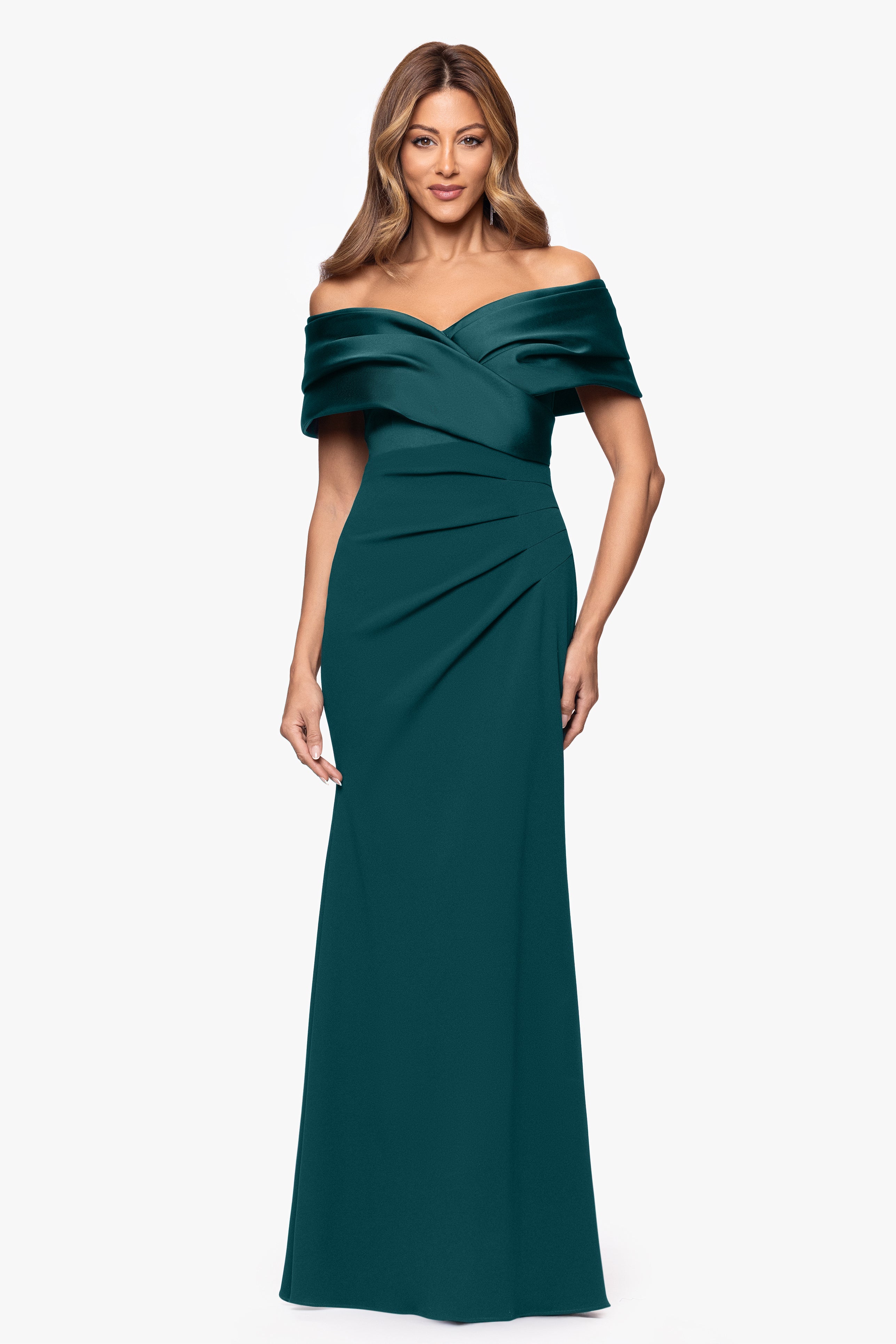 Petite "Yasmeen" Long Off The Shoulder Scuba Crepe Gown