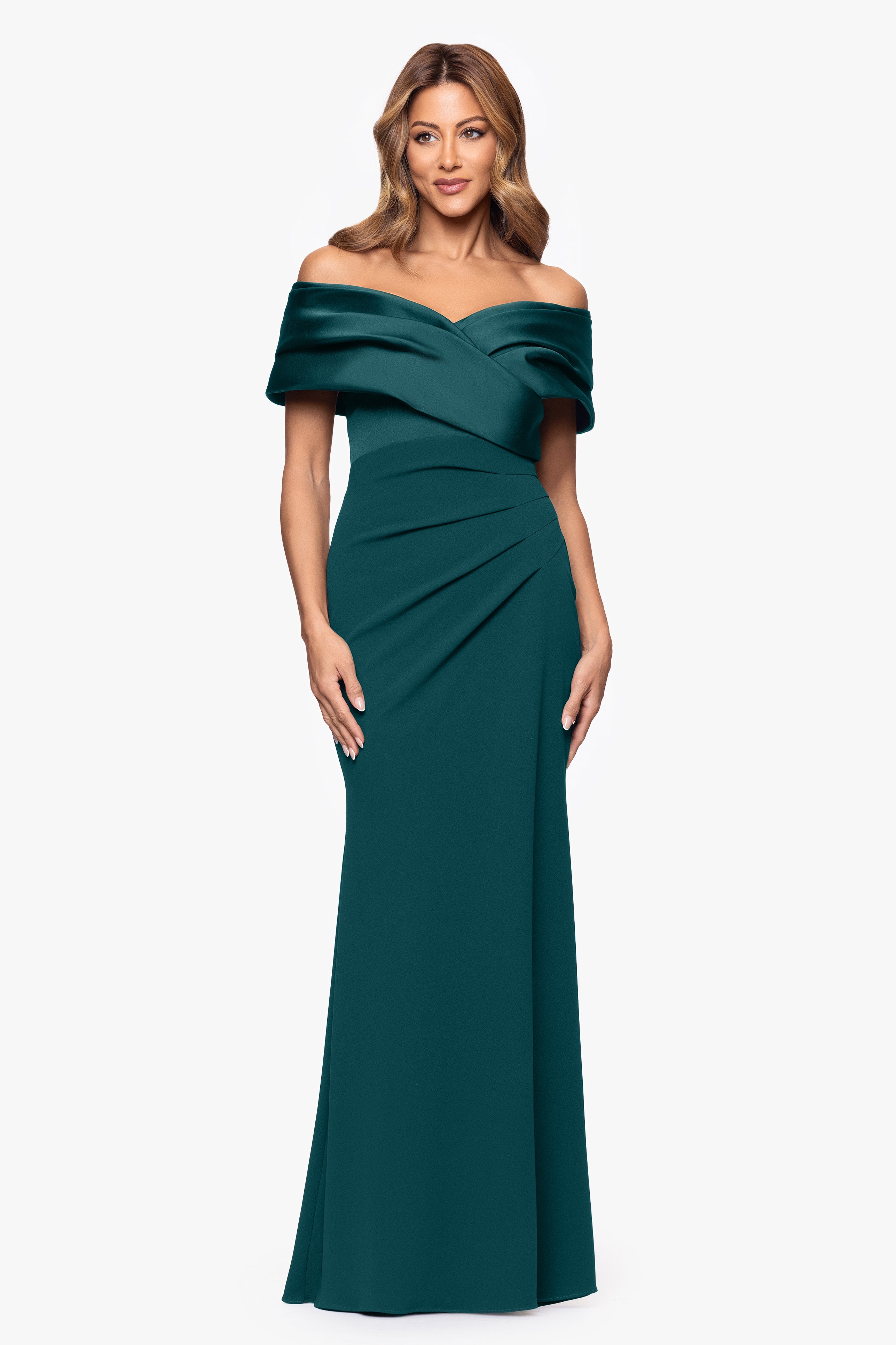 Petite "Yasmeen" Long Off The Shoulder Scuba Crepe Gown