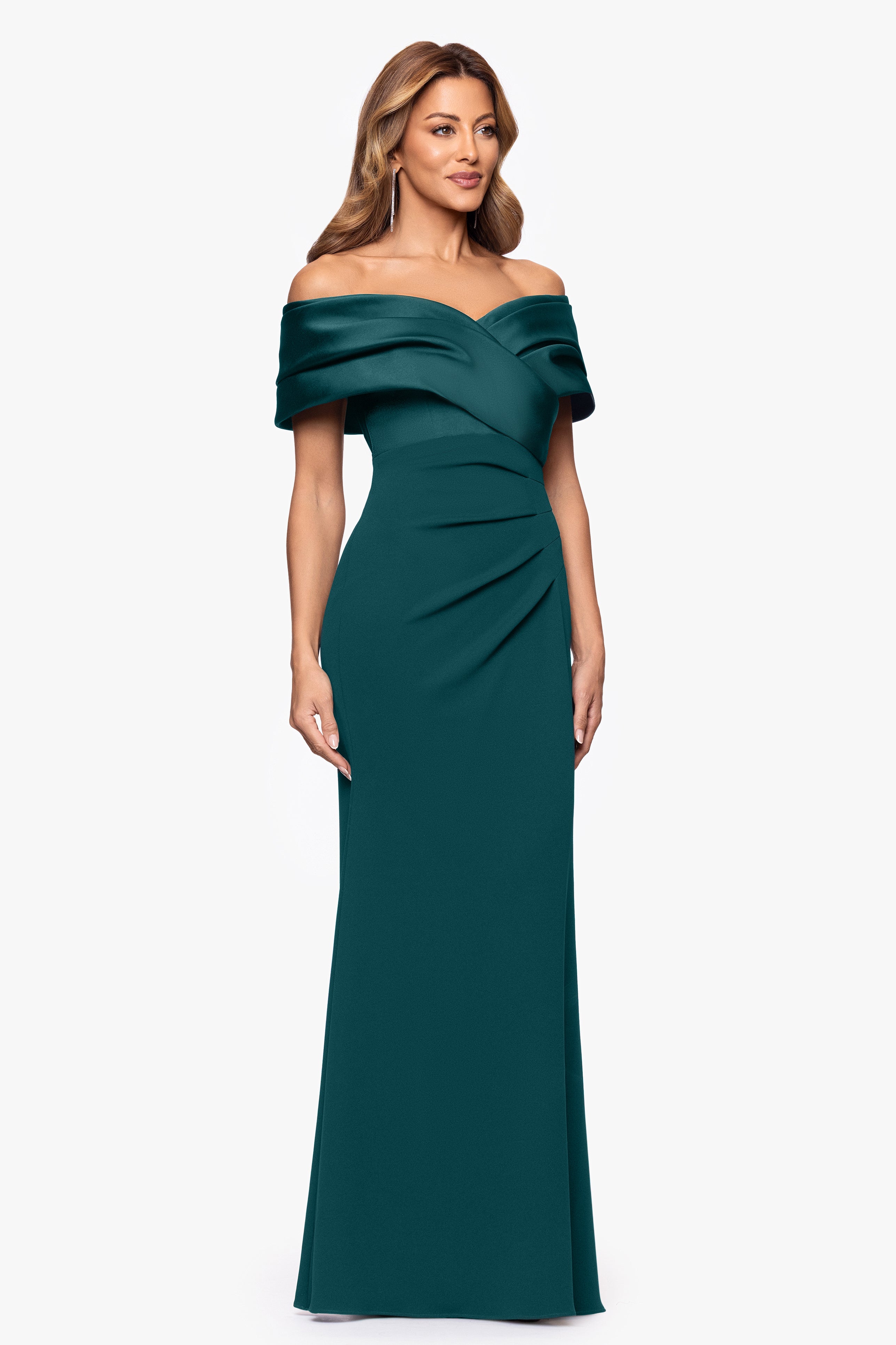 Petite "Yasmeen" Long Off The Shoulder Scuba Crepe Gown