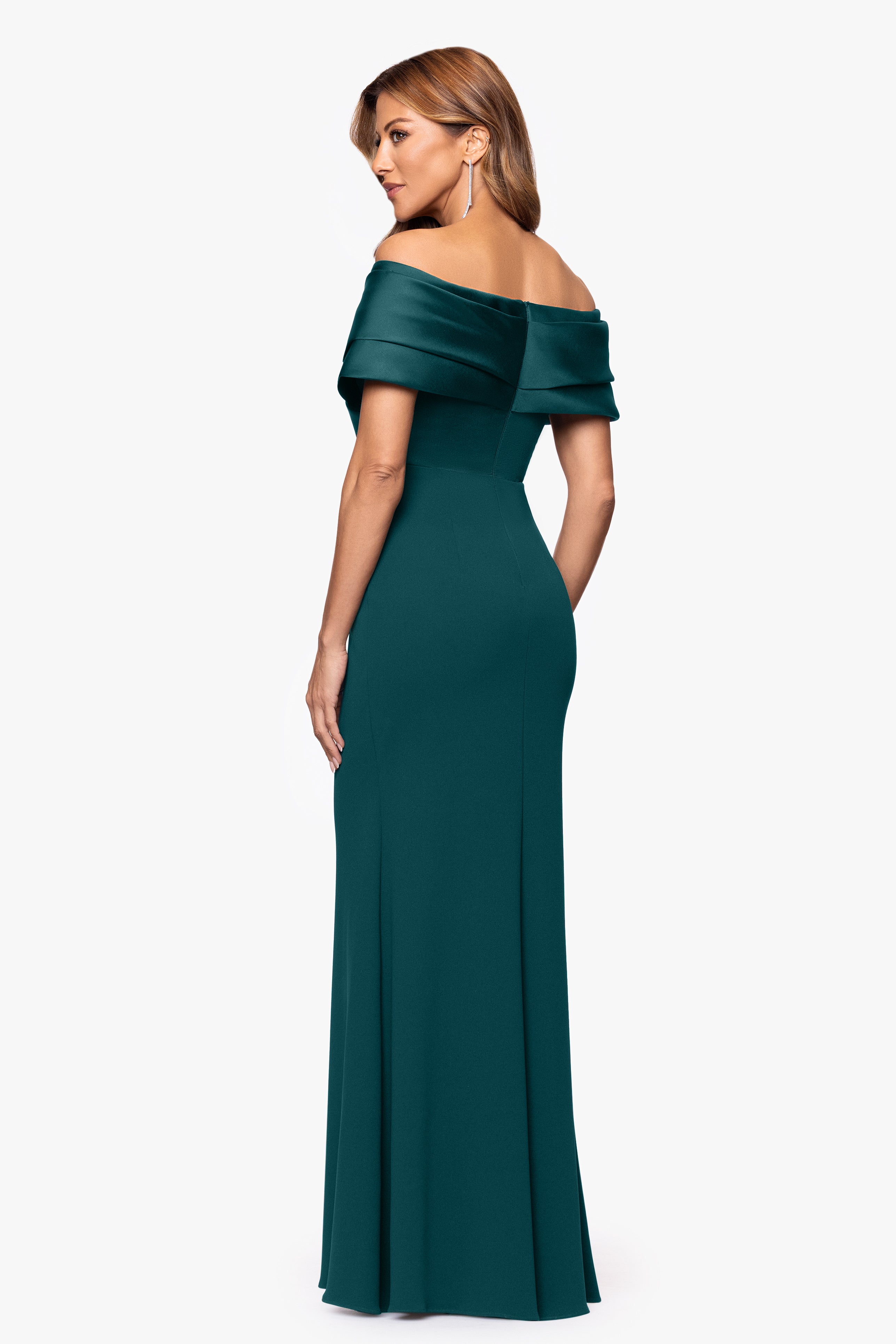 Petite "Yasmeen" Long Off The Shoulder Scuba Crepe Gown