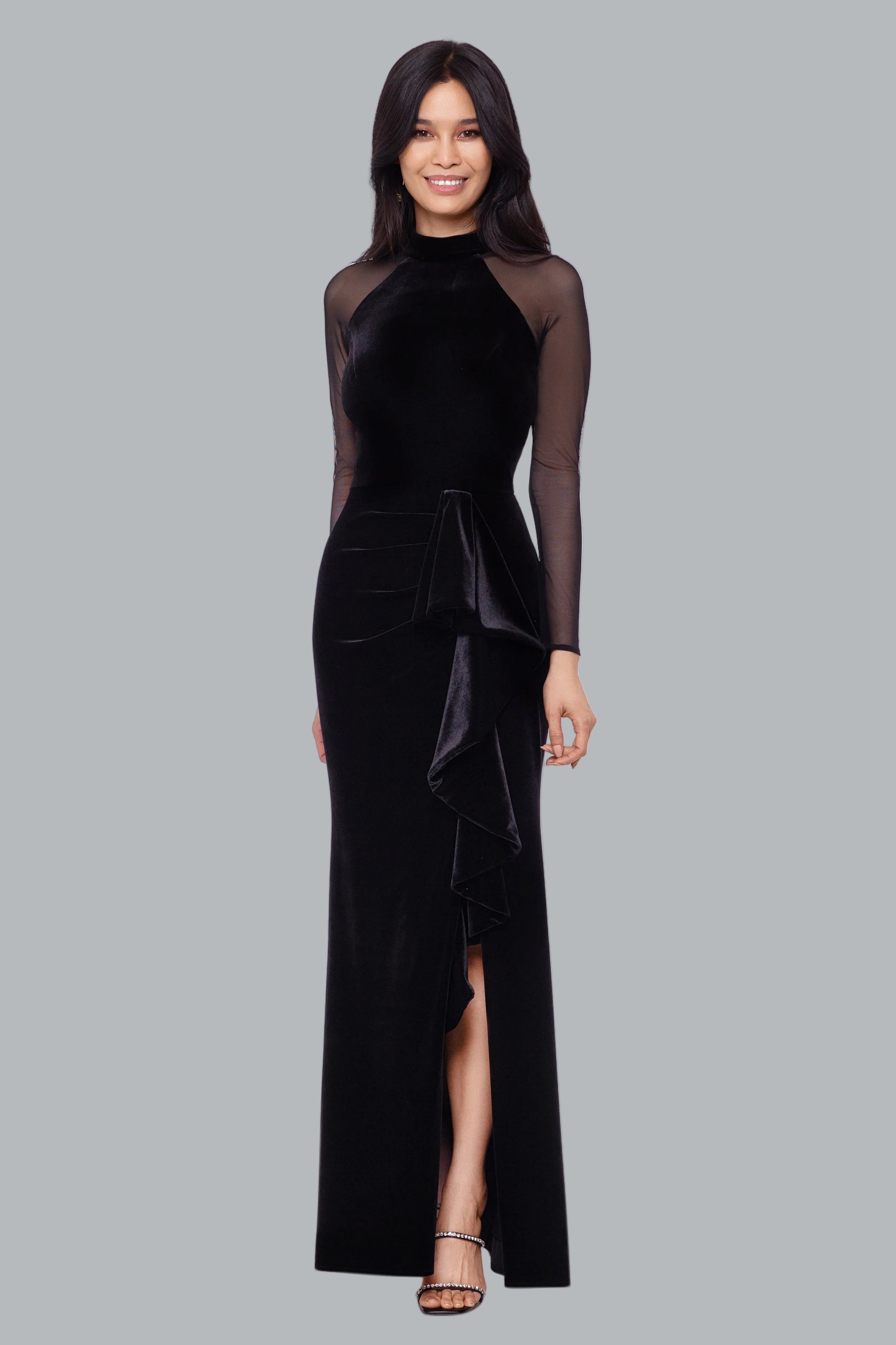 Petite "Valentina" Velvet Mesh Illusion Sleeve Dress