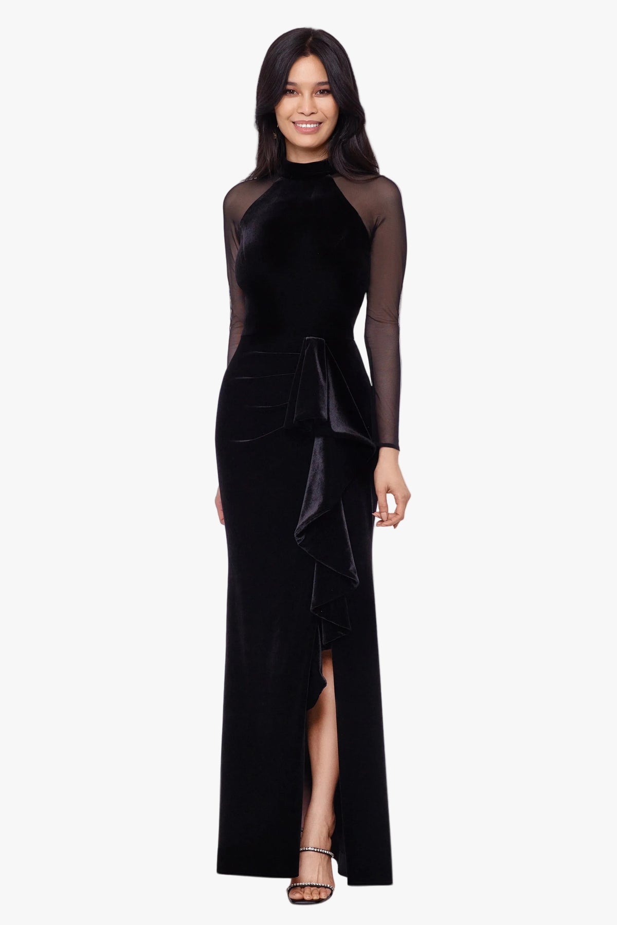 Petite "Valentina" Velvet Mesh Illusion Sleeve Dress
