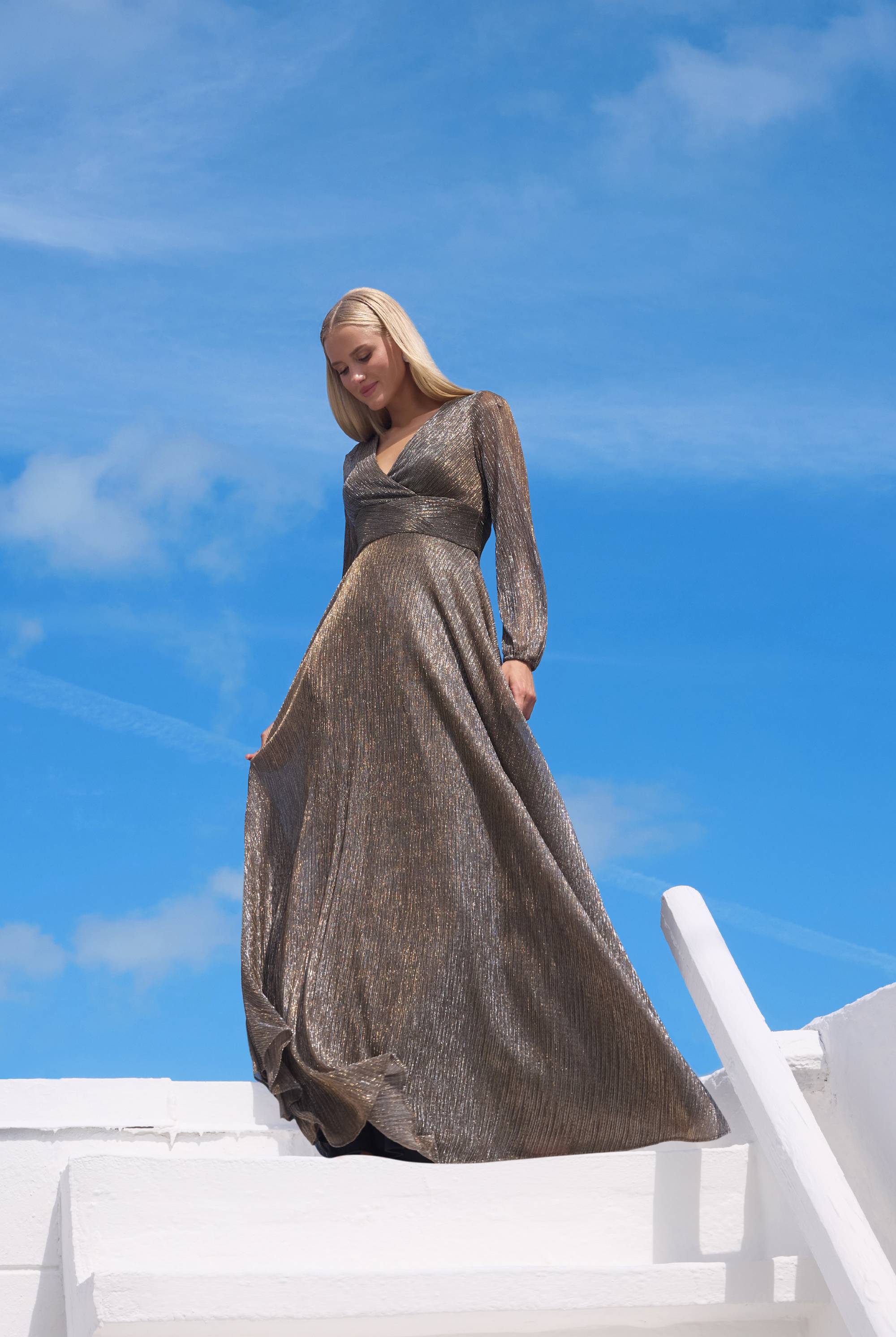 Petite "Alexa" Long Sleeve Metallic Knit Dress