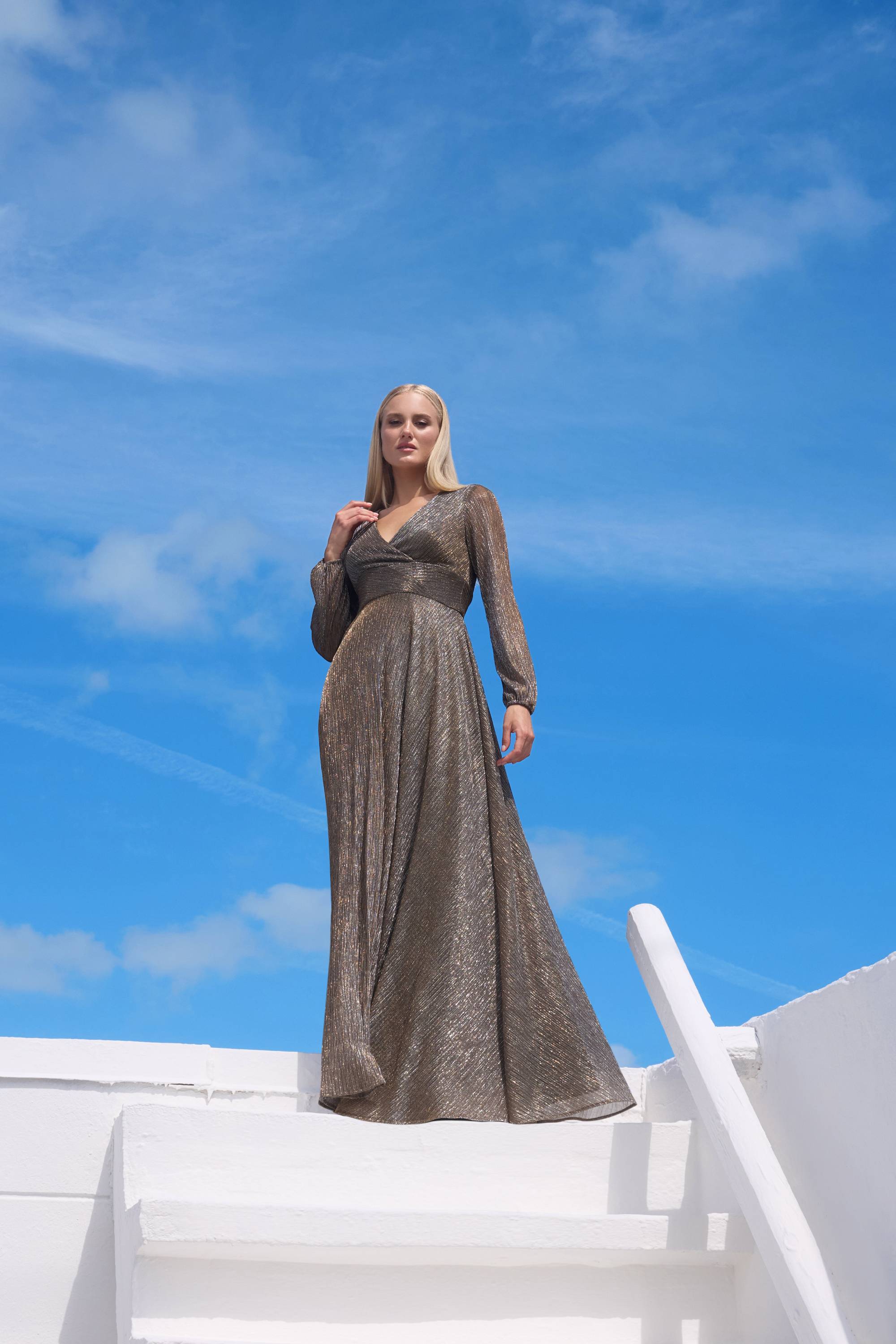Petite "Alexa" Long Sleeve Metallic Knit Dress